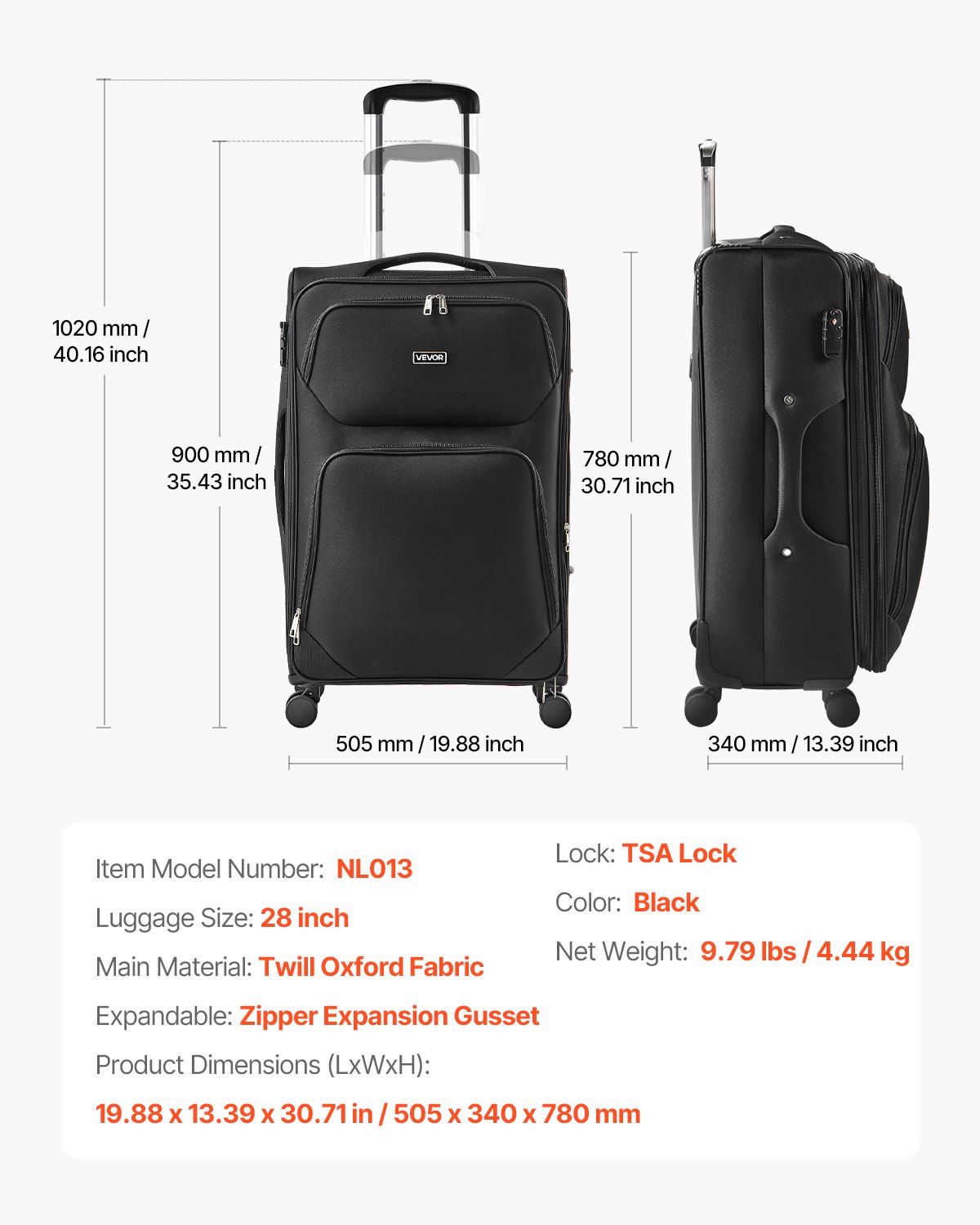 Softside Expandable Luggage with Spinner Wheels, 71 cm Softside Checked Large Luggage, Lightweight Checked Suitcase with Expandable Zippered Pocket and TSA Lock, Black