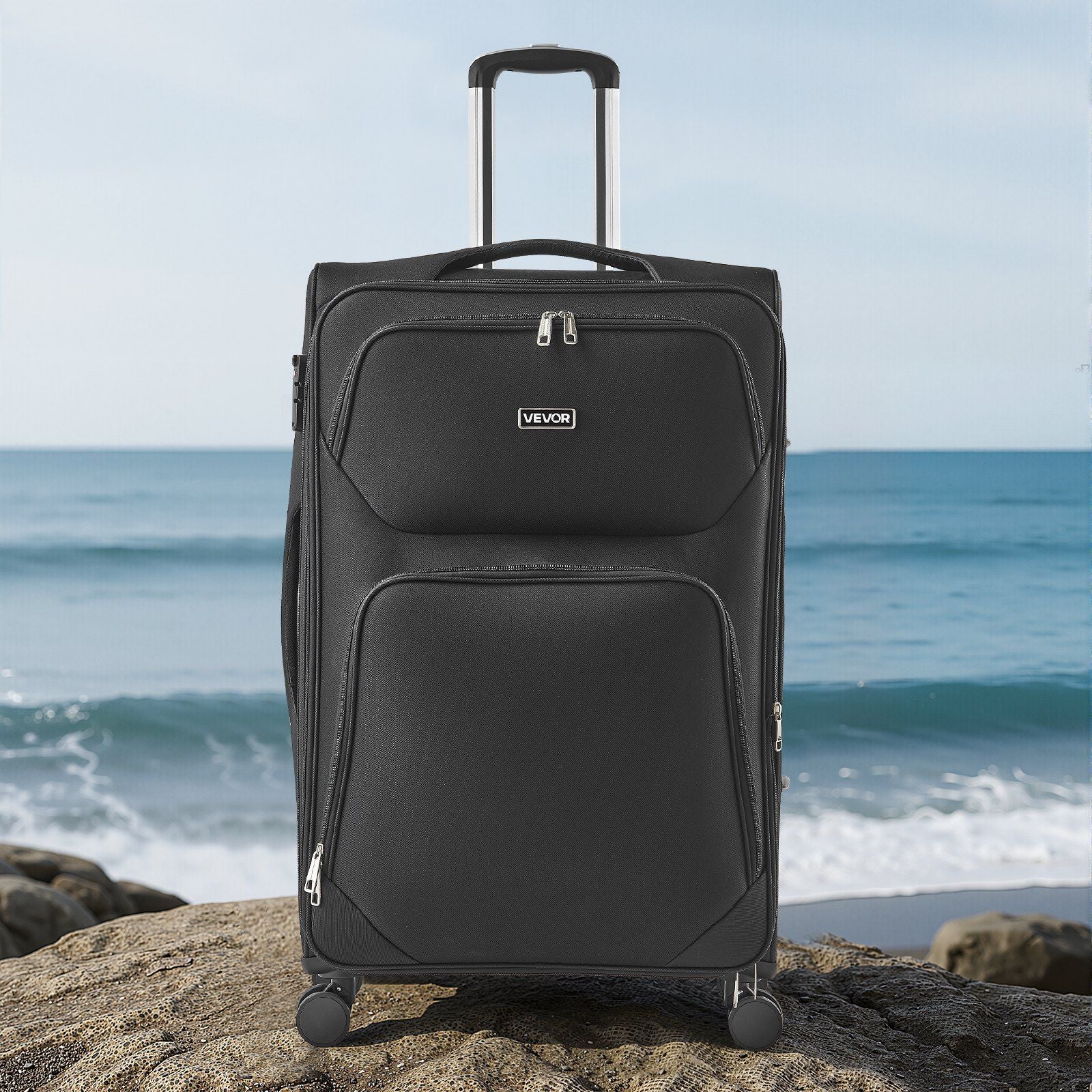 Softside Expandable Luggage with Spinner Wheels, 71 cm Softside Checked Large Luggage, Lightweight Checked Suitcase with Expandable Zippered Pocket and TSA Lock, Black