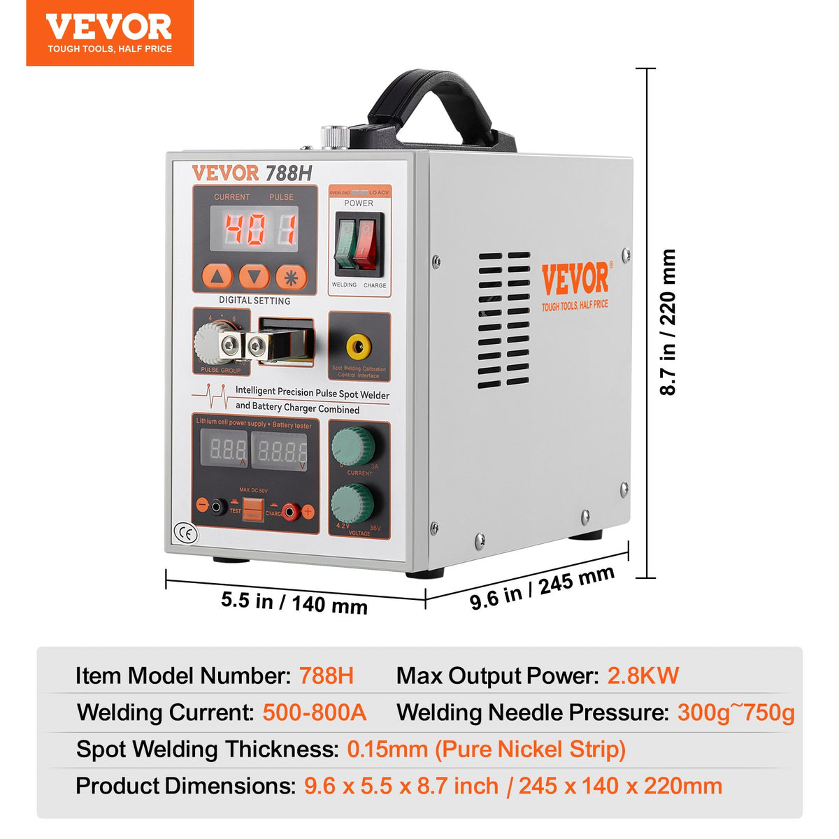 VEVOR Battery Spot Welder 788H Pulse Welder & Battery Charger 2 Welding Modes