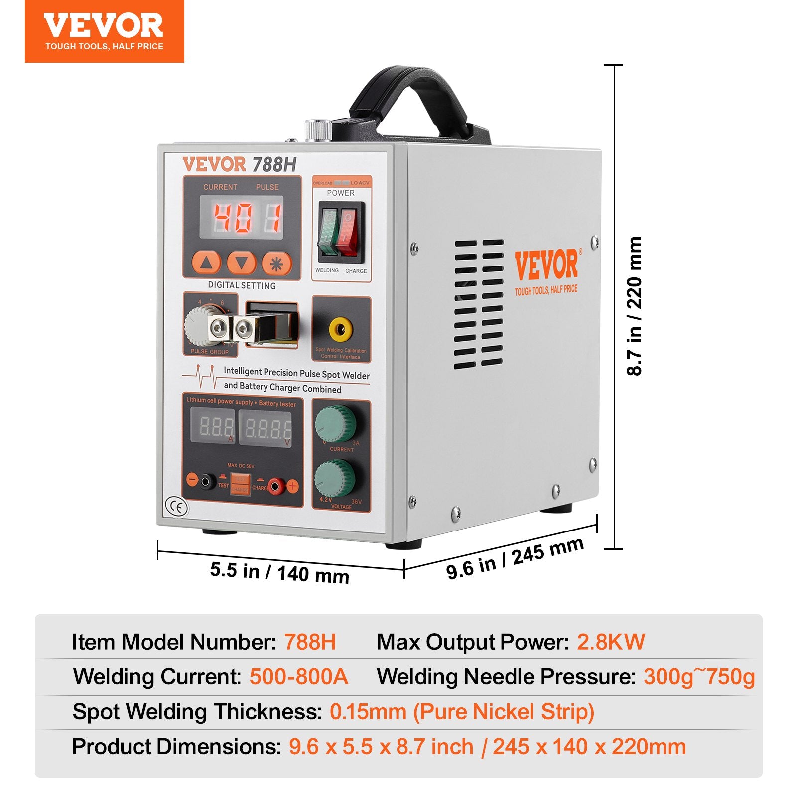 VEVOR Battery Spot Welder 788H Pulse Welder & Battery Charger 2 Welding Modes