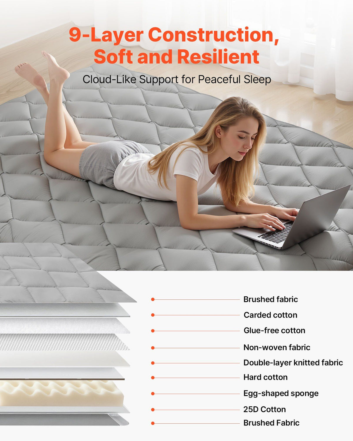 Japanese Tatami Mat, Full Size Foldable Japanese Tatami Mattress, Futon Mattress with Storage Bag & Fastener, 9-Layer Floor Mat for Sleeping, Dorm, Meditation, Yoga, 2032 x 1372 x 89 mm, Gray