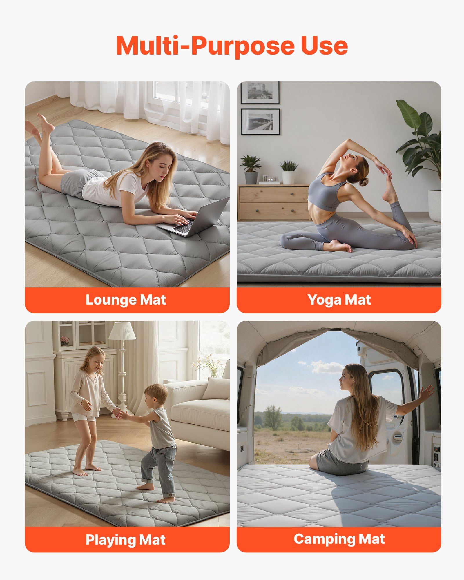 Japanese Tatami Mat, Full Size Foldable Japanese Tatami Mattress, Futon Mattress with Storage Bag & Fastener, 9-Layer Floor Mat for Sleeping, Dorm, Meditation, Yoga, 2032 x 1372 x 89 mm, Gray