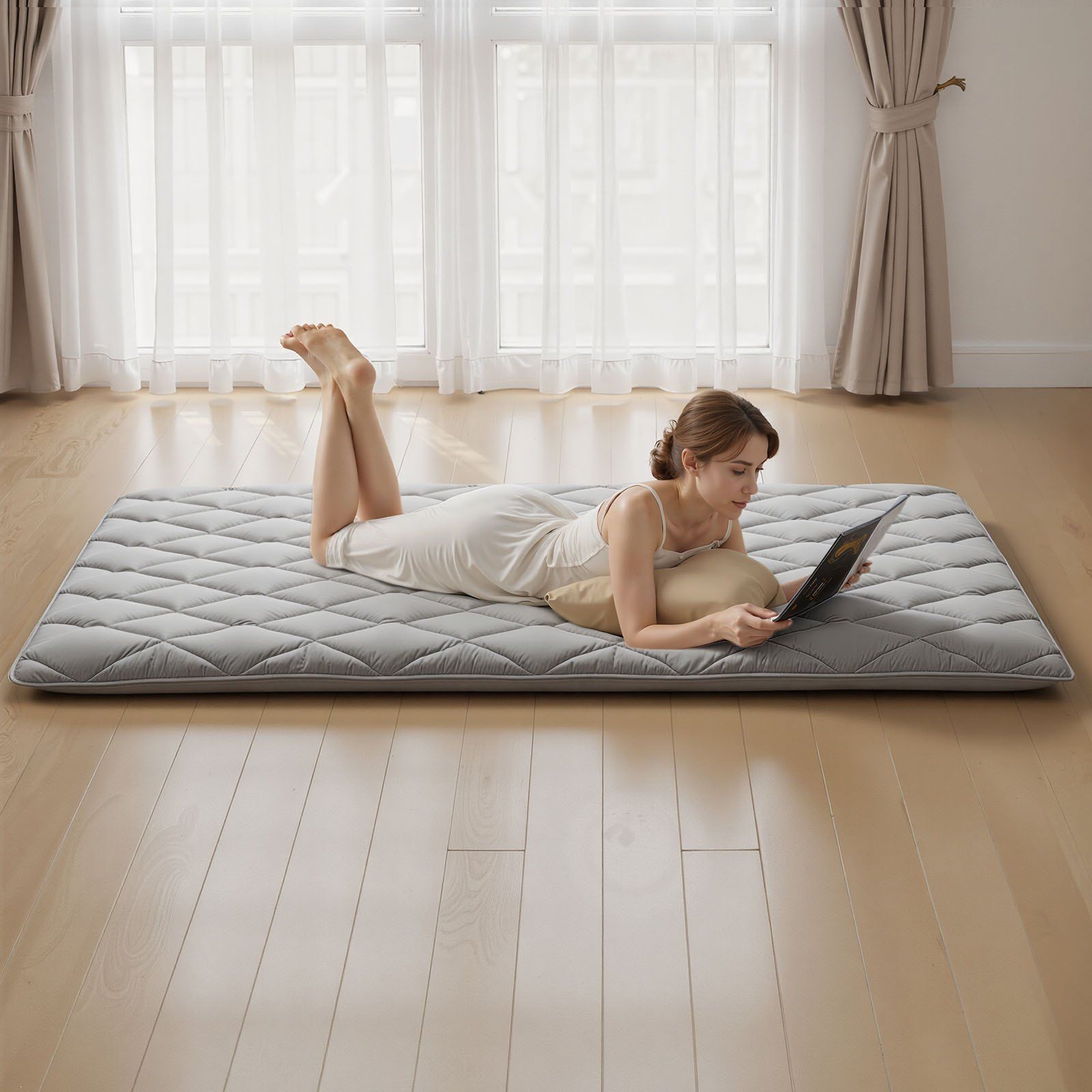 Japanese Tatami Mat, Full Size Foldable Japanese Tatami Mattress, Futon Mattress with Storage Bag & Fastener, 9-Layer Floor Mat for Sleeping, Dorm, Meditation, Yoga, 2032 x 1372 x 89 mm, Gray