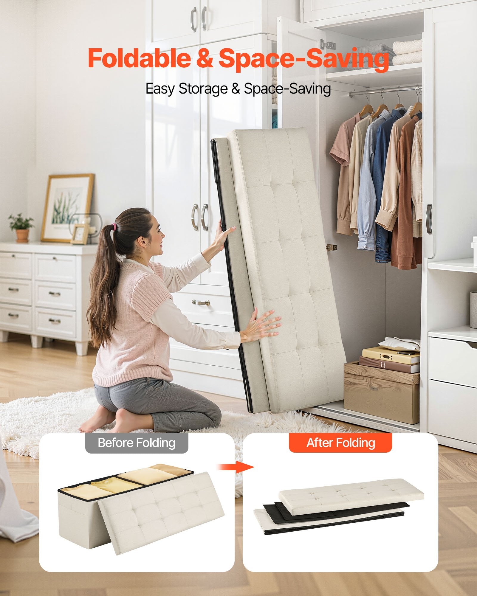 VEVOR Foldable Storage Ottoman Bench, End of Bed Bench with Side Bags, Folding Upholstered Storage Chest Supports 660 lbs, Linen Bed Ottoman with Large Space for Living Room, Bedroom, Entryway, Beige