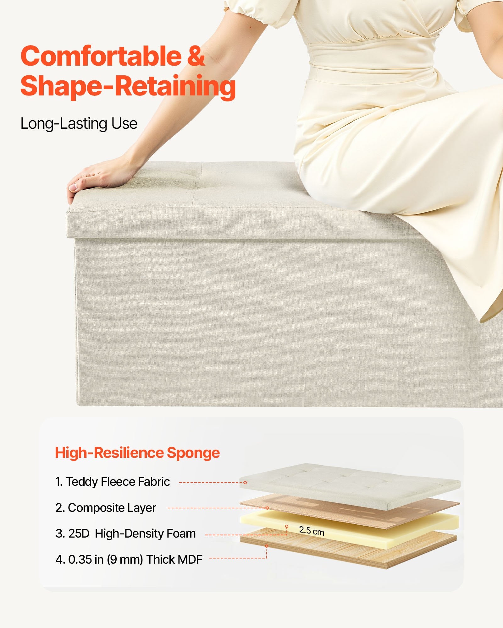 VEVOR Foldable Storage Ottoman Bench, End of Bed Bench with Side Bags, Folding Upholstered Storage Chest Supports 660 lbs, Linen Bed Ottoman with Large Space for Living Room, Bedroom, Entryway, Beige