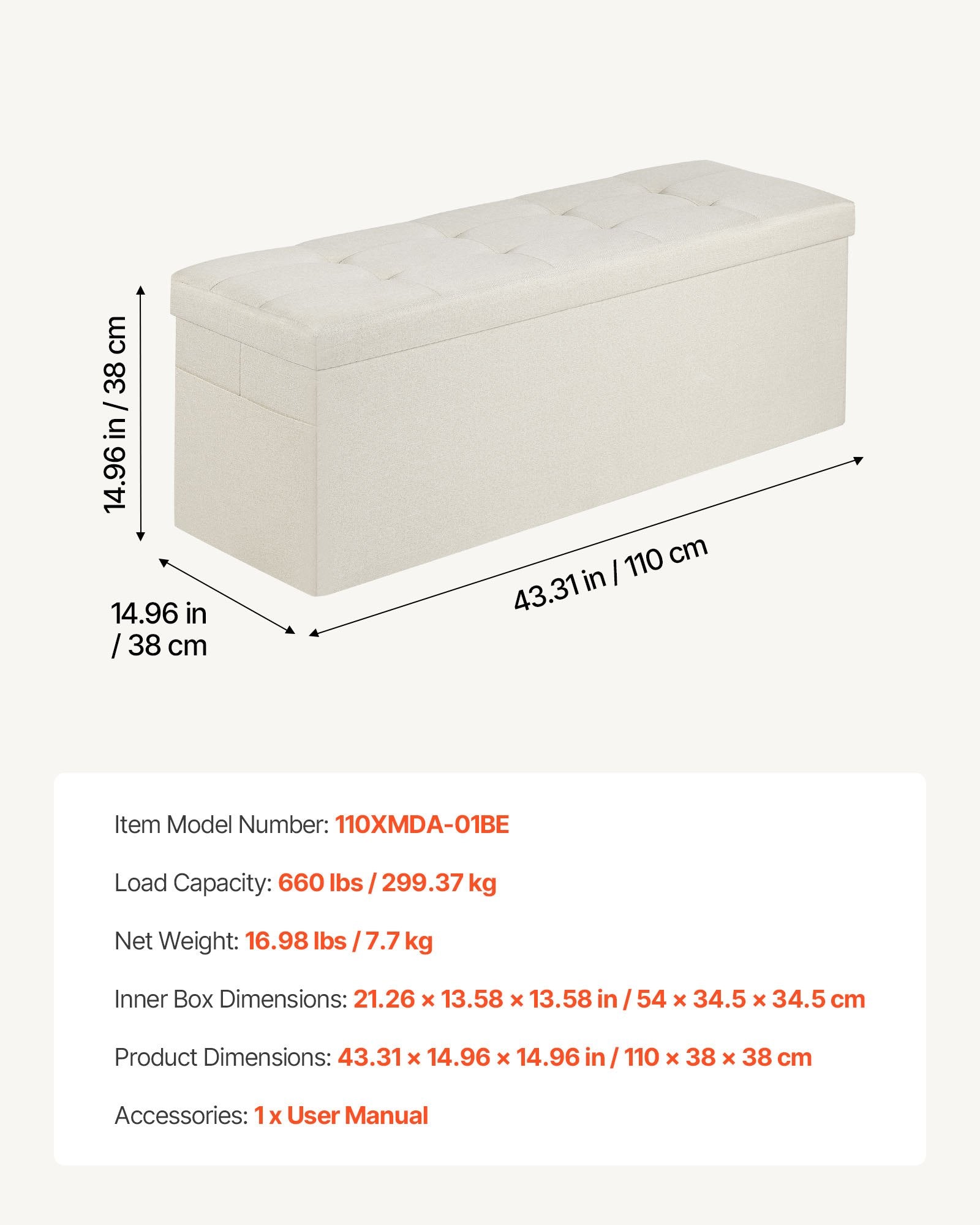 VEVOR Foldable Storage Ottoman Bench, End of Bed Bench with Side Bags, Folding Upholstered Storage Chest Supports 660 lbs, Linen Bed Ottoman with Large Space for Living Room, Bedroom, Entryway, Beige