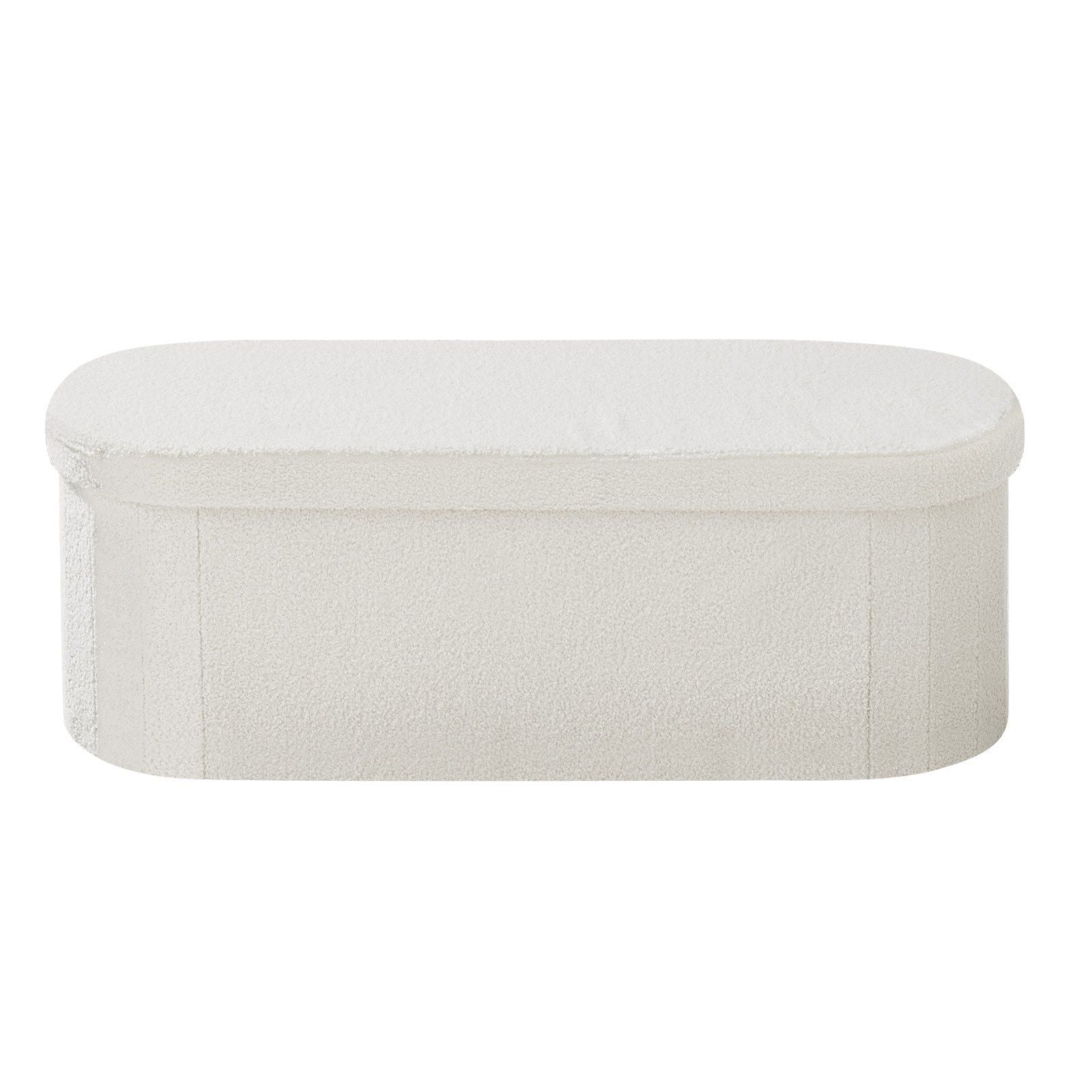 Oval Storage Ottoman Bench, Foldable Teddy Fleece End of Bed Bench, Folding Upholstered Bed Ottoman Chest with Large Storage Space, Supports 660 lbs, for Living Room, Bedroom, Entryway, Beige