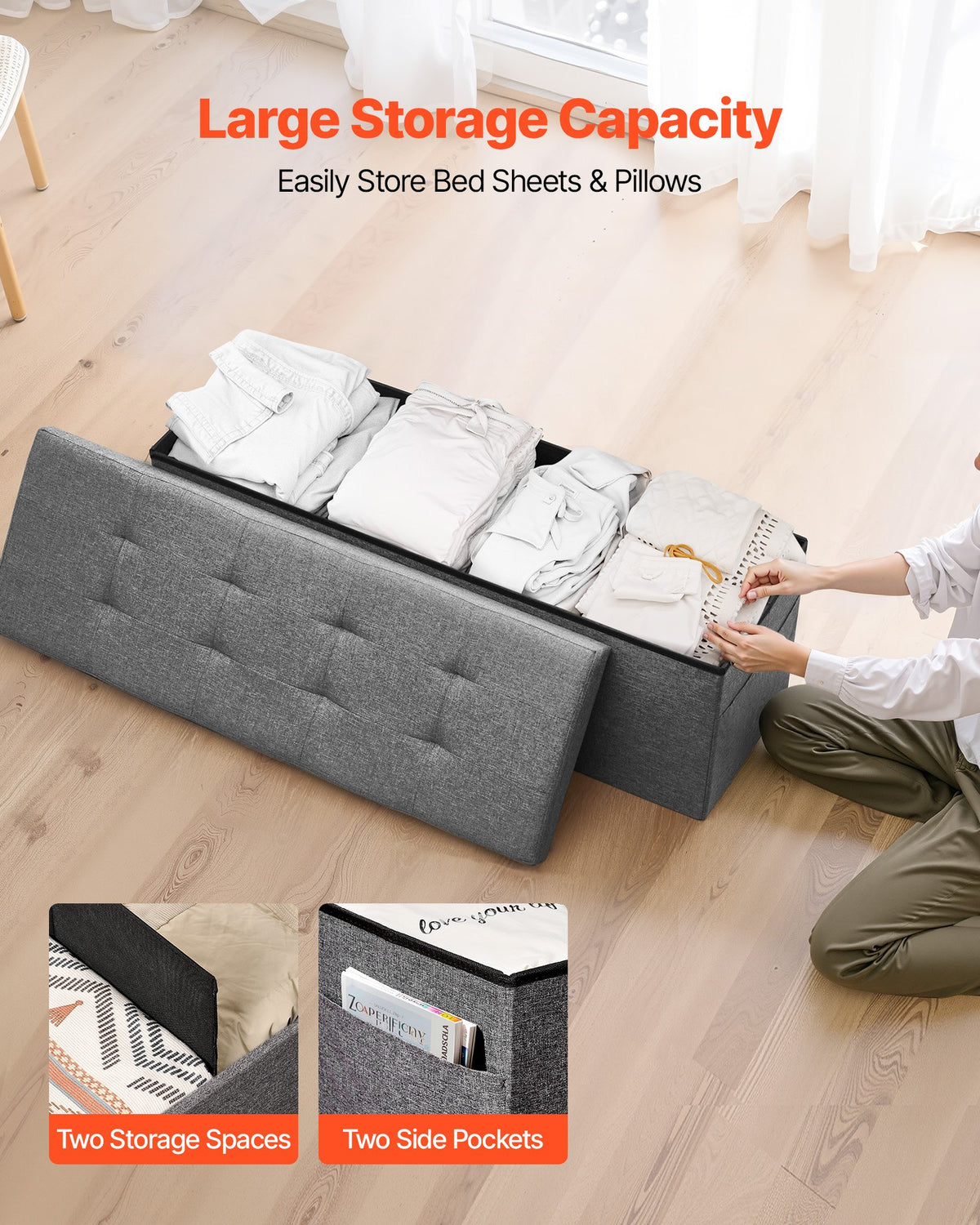 VEVOR Foldable Storage Ottoman Bench, End of Bed Bench with Side Bags, Folding Upholstered Storage Chest Supports 660 lbs, Linen Bed Ottoman with Large Space for Living Room, Bedroom, Entryway, Grey