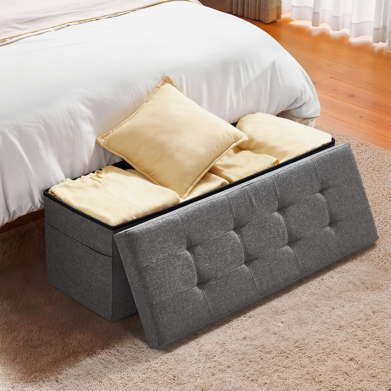 VEVOR Foldable Storage Ottoman Bench, End of Bed Bench with Side Bags, Folding Upholstered Storage Chest Supports 660 lbs, Linen Bed Ottoman with Large Space for Living Room, Bedroom, Entryway, Grey