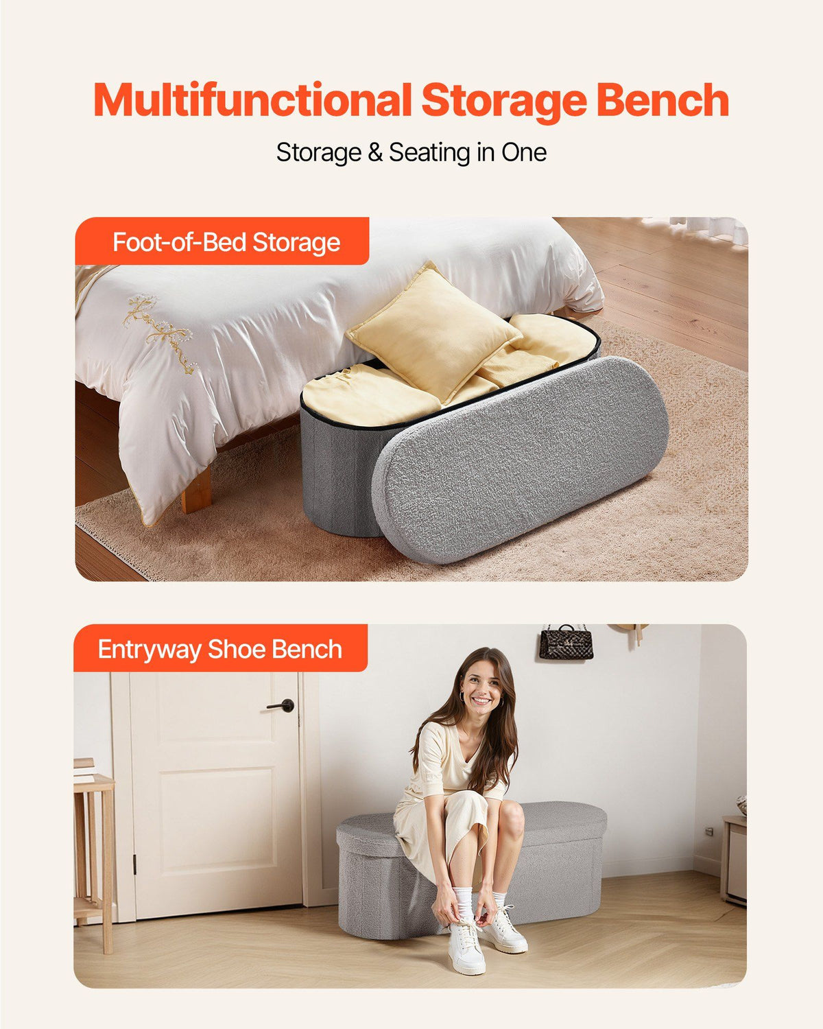 Oval Storage Ottoman Bench, Foldable Teddy Fleece End of Bed Bench, Folding Upholstered Bed Ottoman Chest with Large Storage Space, Supports 660 lbs, for Living Room, Bedroom, Entryway, Grey