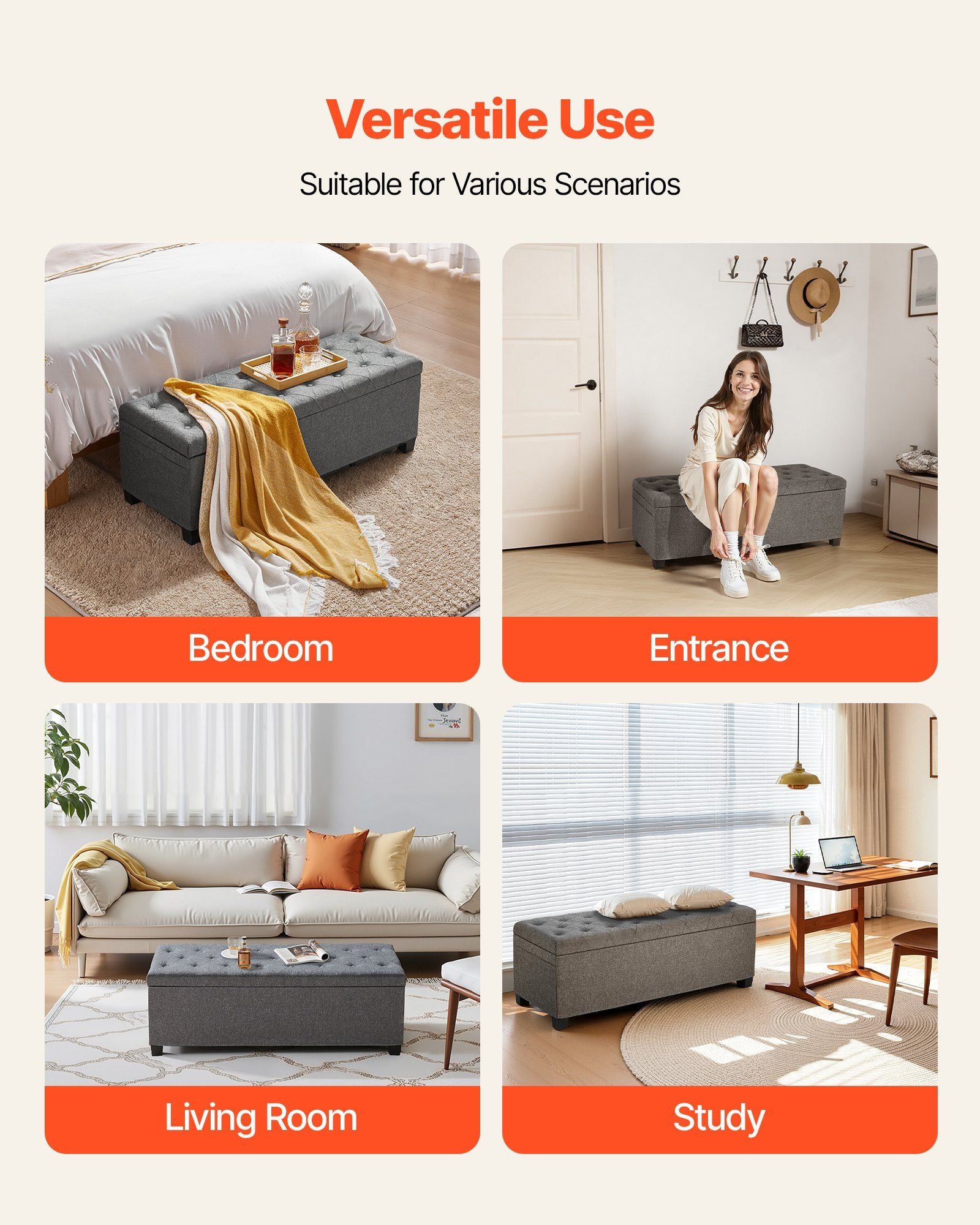 Storage Ottoman Bench, Button-Tufted End of Bed Bench with Side Bags, Flip-up Upholstered Storage Chest with Metal Frame, Linen Bed Ottoman for Living Room, Bedroom, Entryway, Office, Grey
