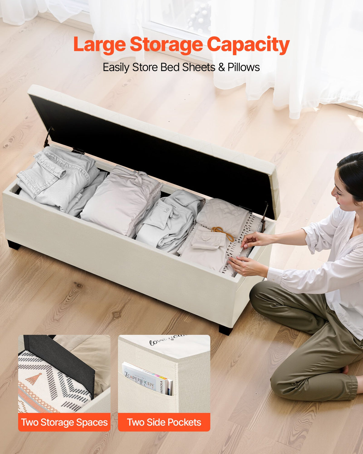 VEVOR Storage Ottoman Bench, Button-Tufted End of Bed Bench with Side Bags, Flip-up Upholstered Storage Chest with Metal Frame, Linen Bed Ottoman for Living Room, Bedroom, Entryway, Office, Beige