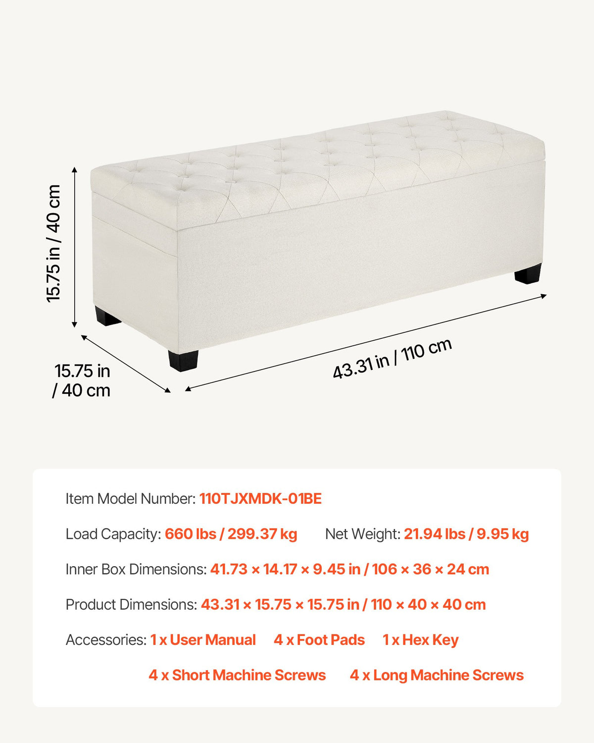 VEVOR Storage Ottoman Bench, Button-Tufted End of Bed Bench with Side Bags, Flip-up Upholstered Storage Chest with Metal Frame, Linen Bed Ottoman for Living Room, Bedroom, Entryway, Office, Beige