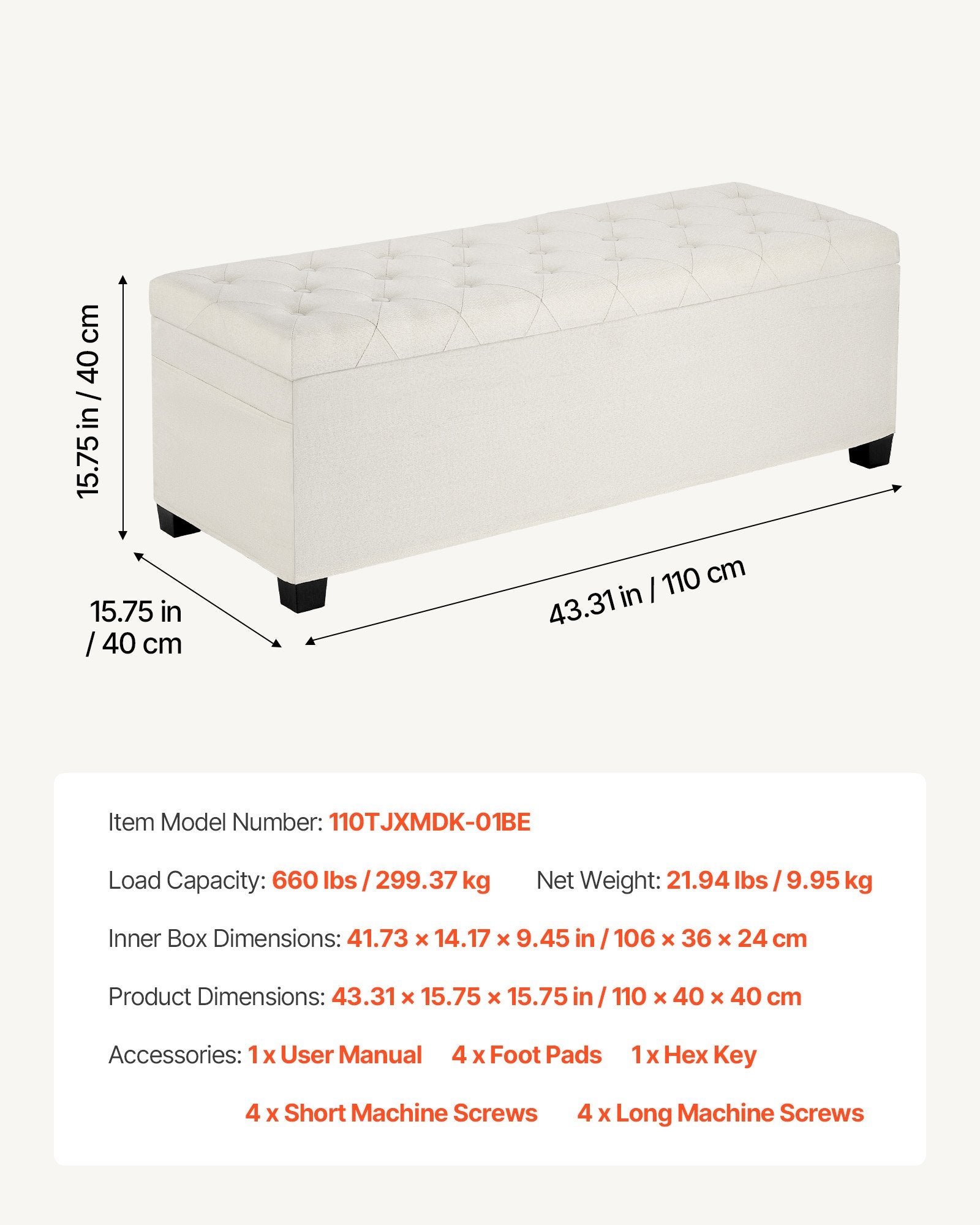 VEVOR Storage Ottoman Bench, Button-Tufted End of Bed Bench with Side Bags, Flip-up Upholstered Storage Chest with Metal Frame, Linen Bed Ottoman for Living Room, Bedroom, Entryway, Office, Beige