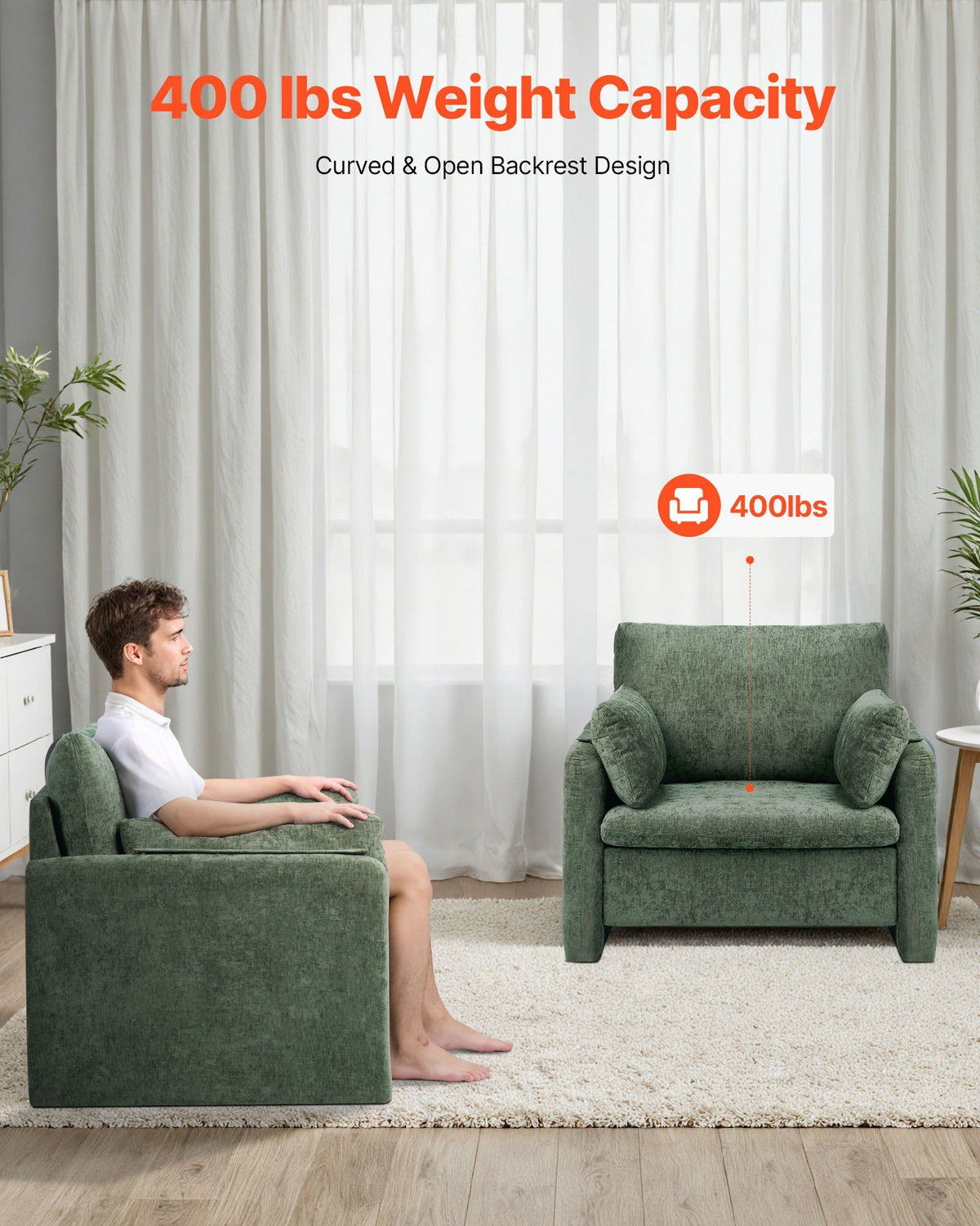 Green Accent Chair, Modern Upholstered Accent Chair with Armrests, Cloth Arm Chairs with Thick Cushion and Arched Backrest, Single Fabric Armchair for Living Room, Bedroom, Study, Office