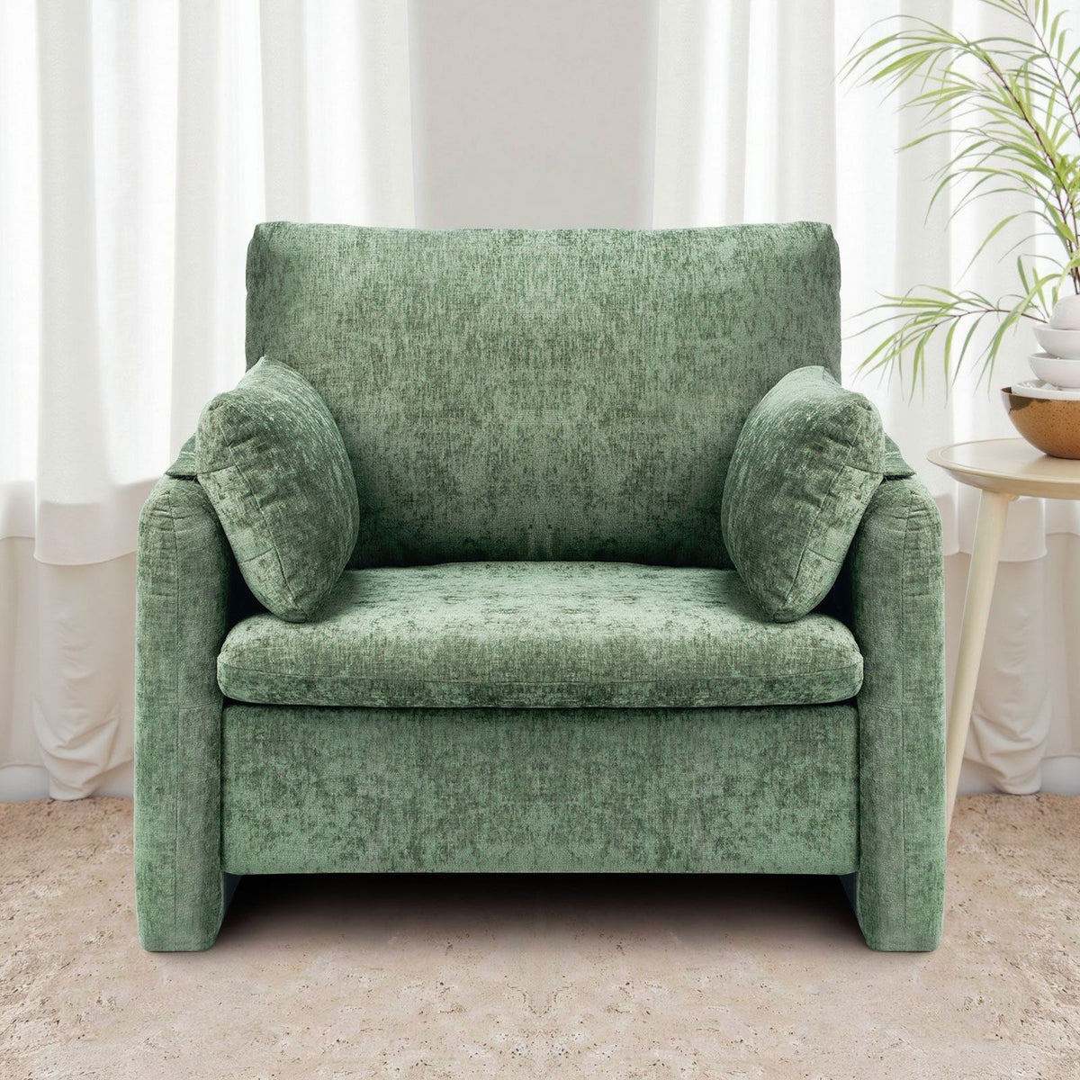 Green Accent Chair, Modern Upholstered Accent Chair with Armrests, Cloth Arm Chairs with Thick Cushion and Arched Backrest, Single Fabric Armchair for Living Room, Bedroom, Study, Office