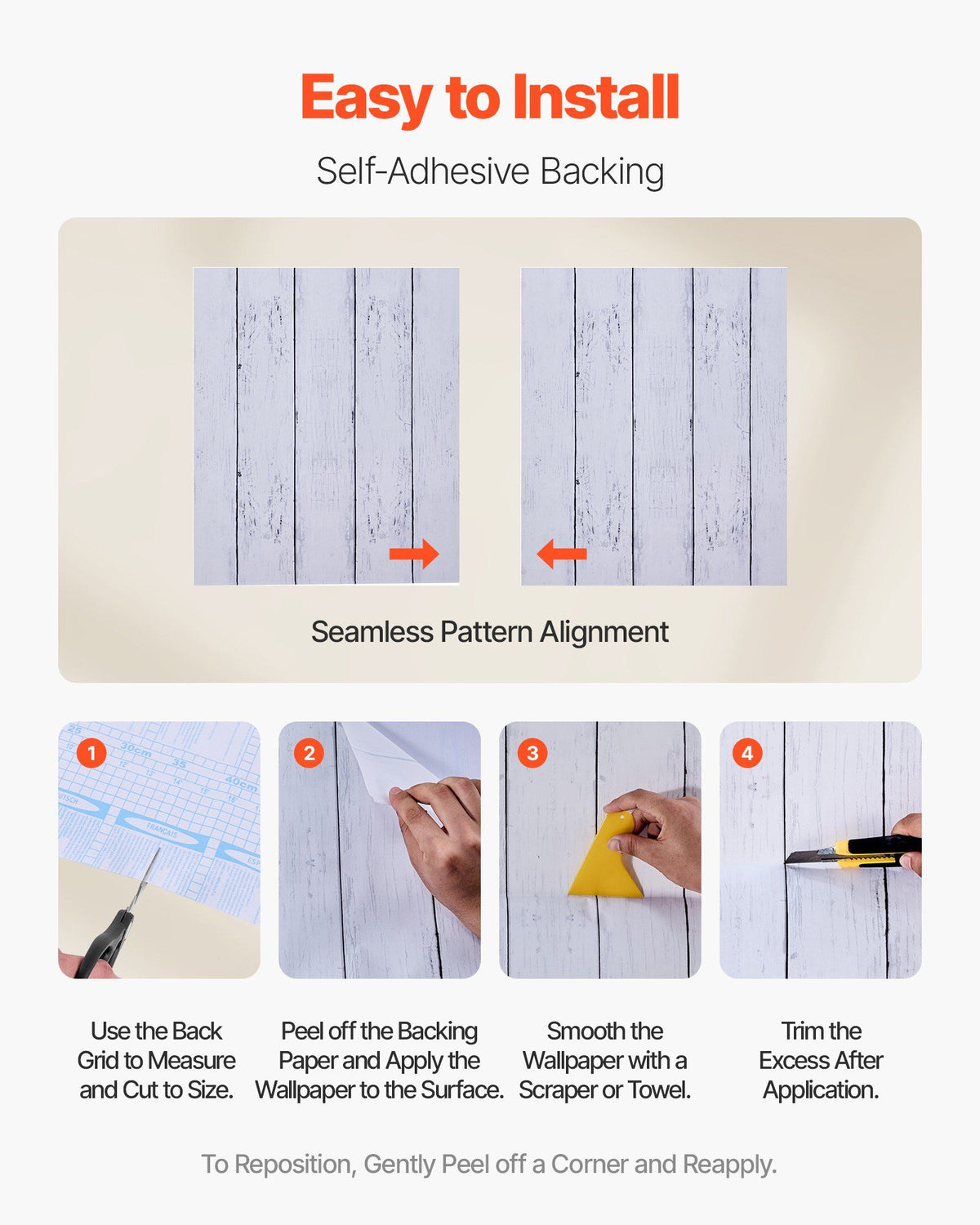 Peel and Stick Wallpaper, 45cm x 12m Contact Paper White Wood Textured Waterpoof Self Adhesive, Easy to Clean & Peel Wall Decorative Vinyl Roll for Bedroom Kitchen Office Bathroom Desk