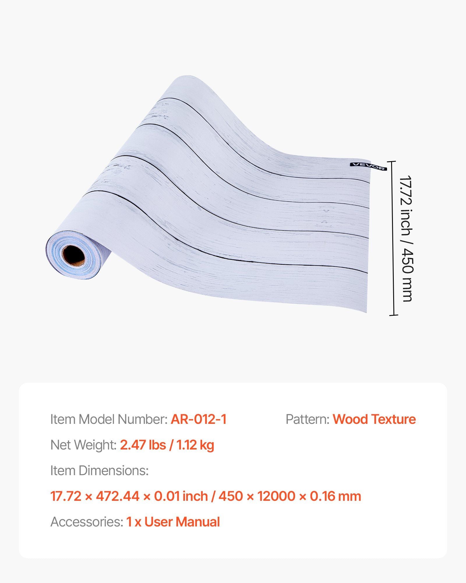 Peel and Stick Wallpaper, 45cm x 12m Contact Paper White Wood Textured Waterpoof Self Adhesive, Easy to Clean & Peel Wall Decorative Vinyl Roll for Bedroom Kitchen Office Bathroom Desk
