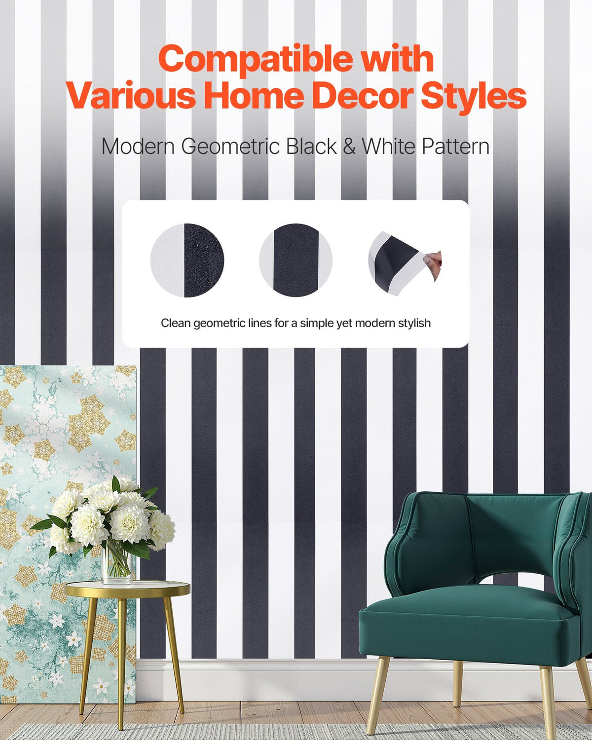 Peel and Stick Wallpaper, 45cm x 15m Contact Paper Black White Modern Geometric Waterpoof Self Adhesive, Easy to Clean Wall Decorative Vinyl Roll for Bedroom Kitchen Office Bathroom
