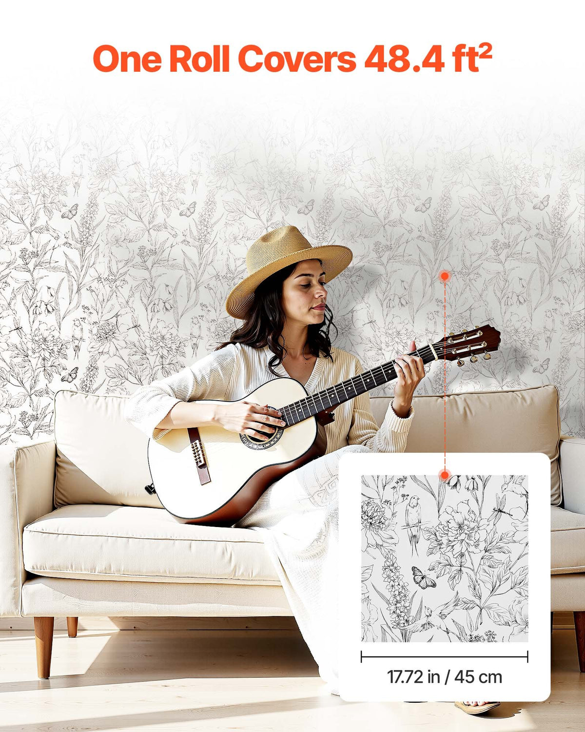 VEVOR Peel and Stick Wallpaper, 45cm x 10m Contact Paper White Line Art Botanical Floral Waterpoof Self Adhesive, Easy to Clean Wall Decorative Vinyl Roll for Bedroom Kitchen Office Bathroom