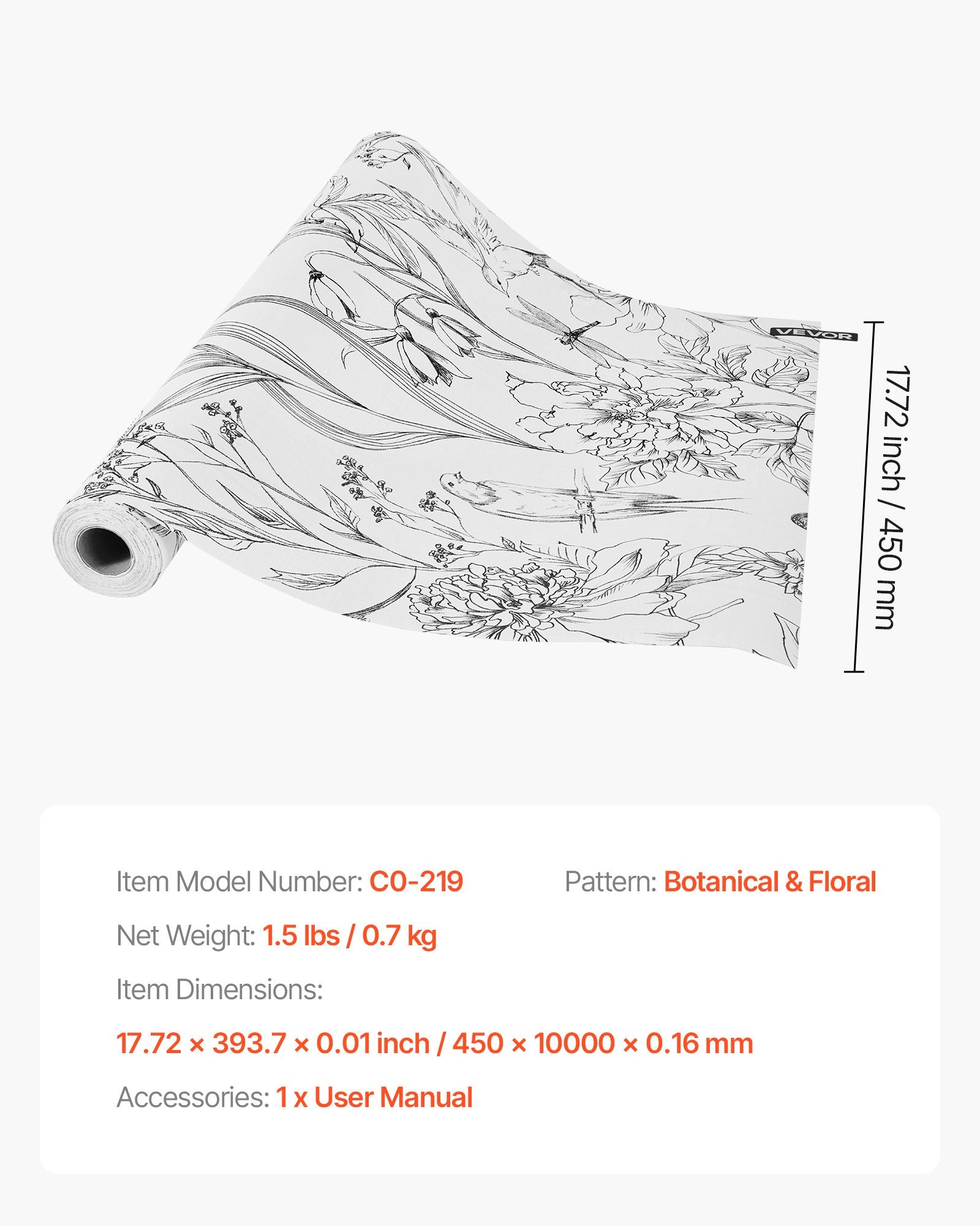 VEVOR Peel and Stick Wallpaper, 45cm x 10m Contact Paper White Line Art Botanical Floral Waterpoof Self Adhesive, Easy to Clean Wall Decorative Vinyl Roll for Bedroom Kitchen Office Bathroom