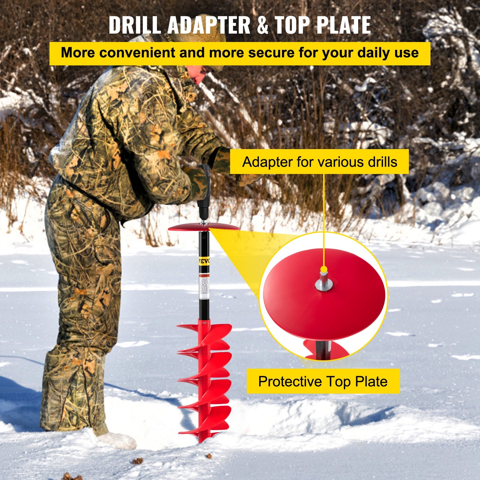 VEVOR Ice Drill Auger, 8\" Diameter Nylon Ice Auger, 39\" Length Ice Auger Bit,Auger Drill with 11.8\" Extension Rod,Auger Bit with Drill Adapter,Top Plate & Blade Guard for Ice Fishing Ice Burrowing