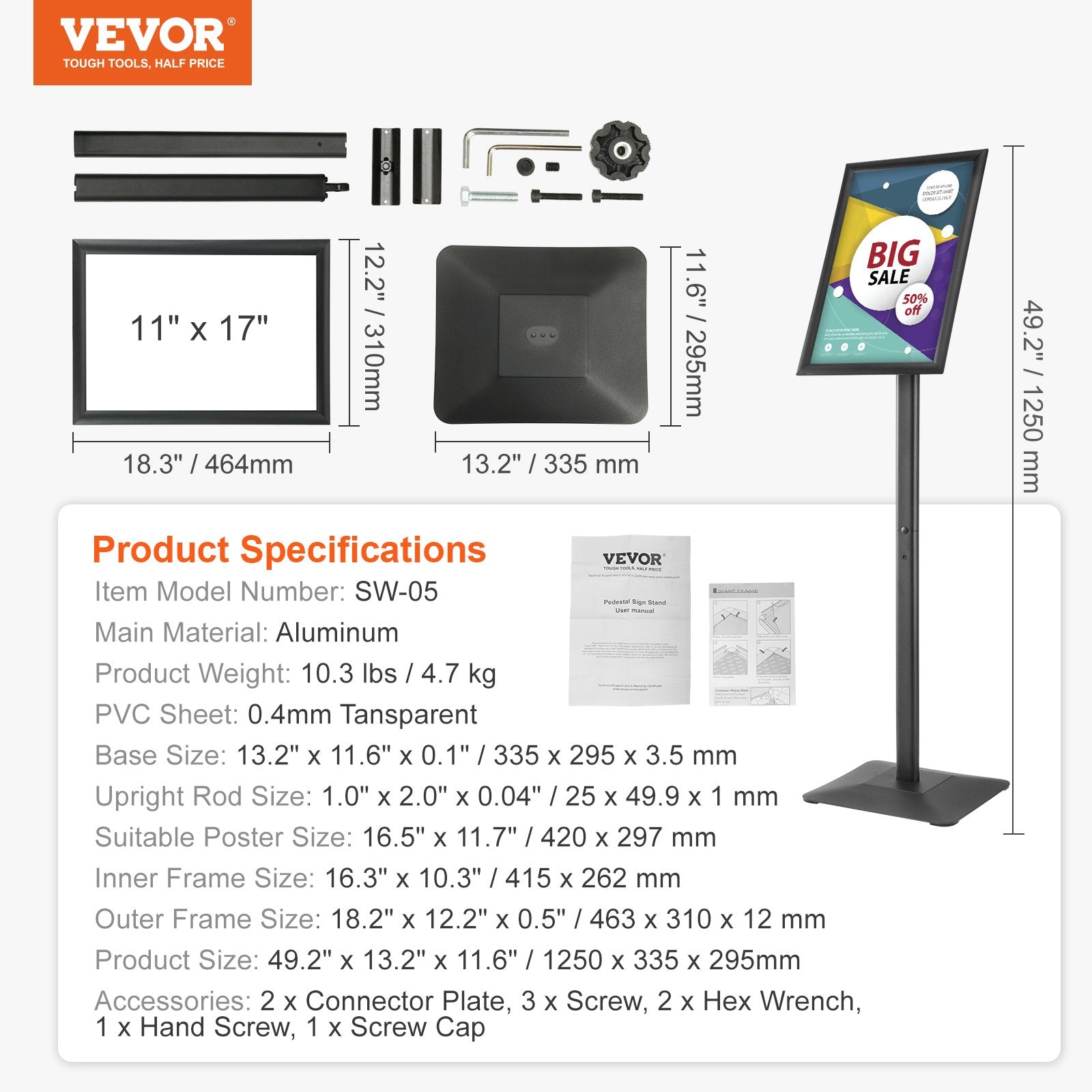 VEVOR Pedestal Sign Holder Adjustable Poster Stand 11 x 17 Inch Metal Base