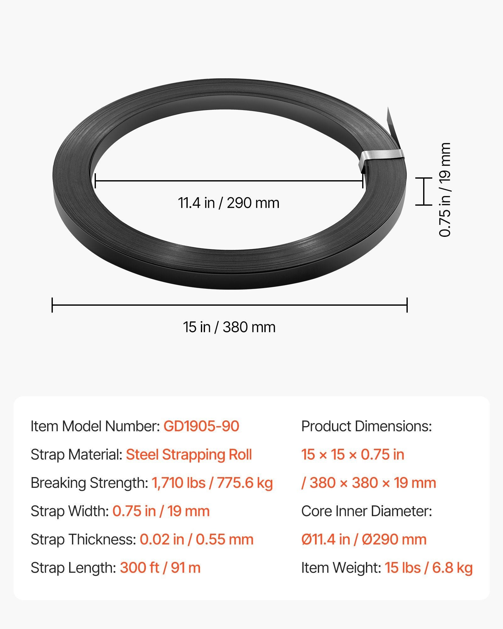 Steel Strapping Coil, 19 mm x 0.55 mm x 91 m, Metal Strapping Banding Roll Withstands Harsh Environment, 775.6 kg Break Strength, Heavy Duty Banding Pallet Strap Coil for Pallet Packing