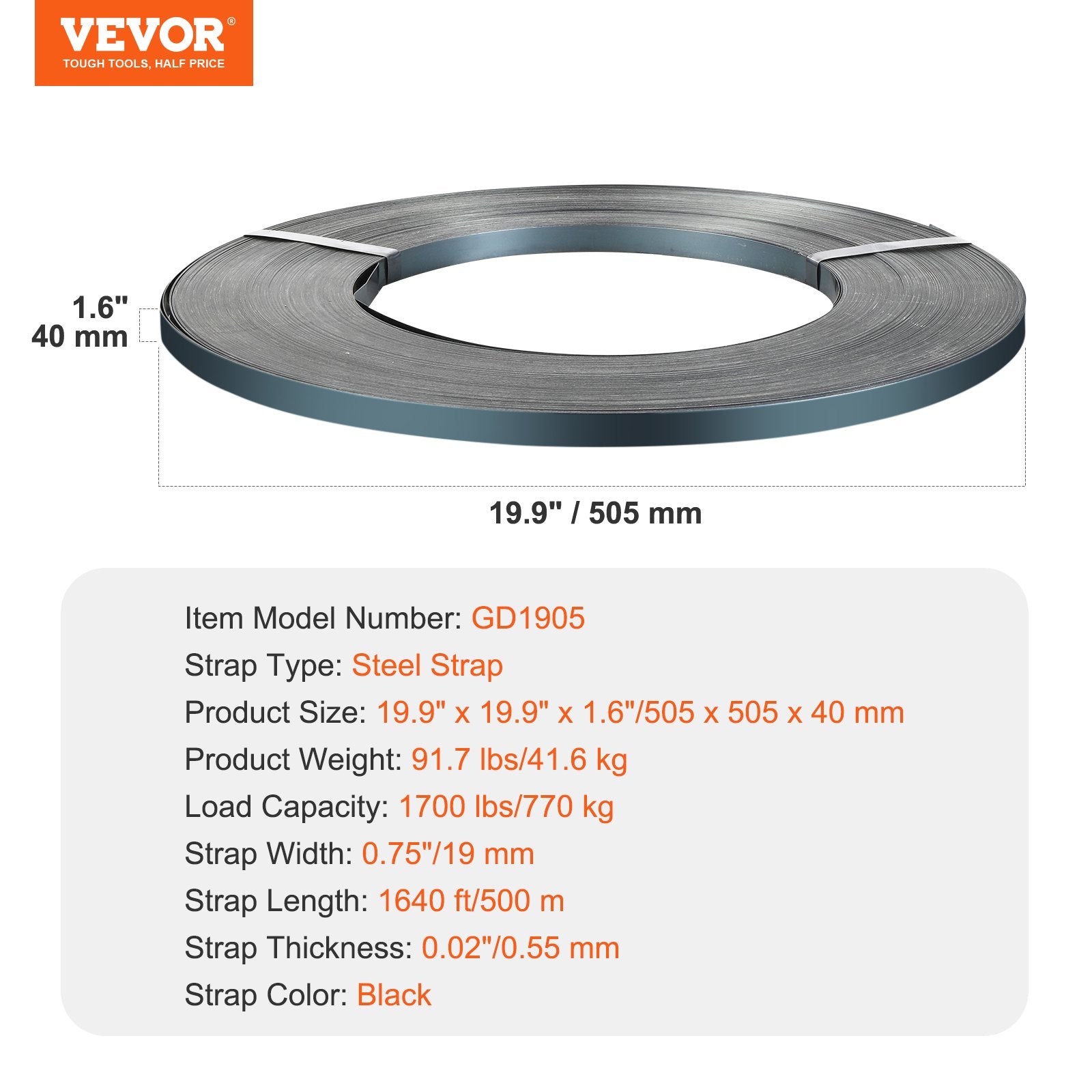 VEVOR Packaging Steel Strapping Roll, 500 m Length x 19 mm Width x 0.55 mm Thickness, 770 kg Break Strength, Heavy Duty Banding Pallet Strap Coil, Portable Strong Banding Packing Metal Straps, Black