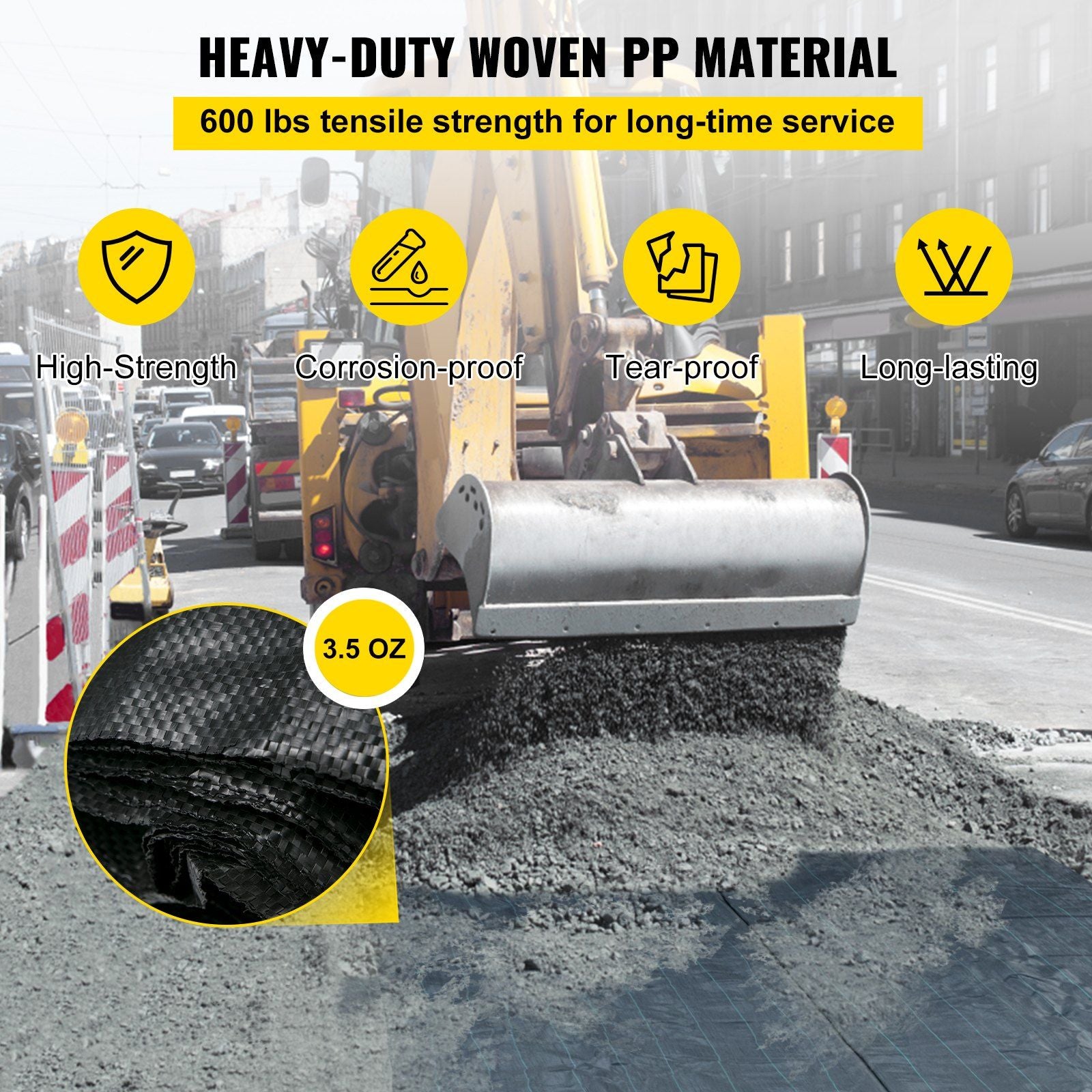 Geotextile Fabric, 3.8 x 15.2 m 3.5oz Woven PP Driveway Drain Cloth with 600lbs Tensile Strength, Heavy Duty Underlayment for Soil Stabilization, Landscaping, Weed Barrier,