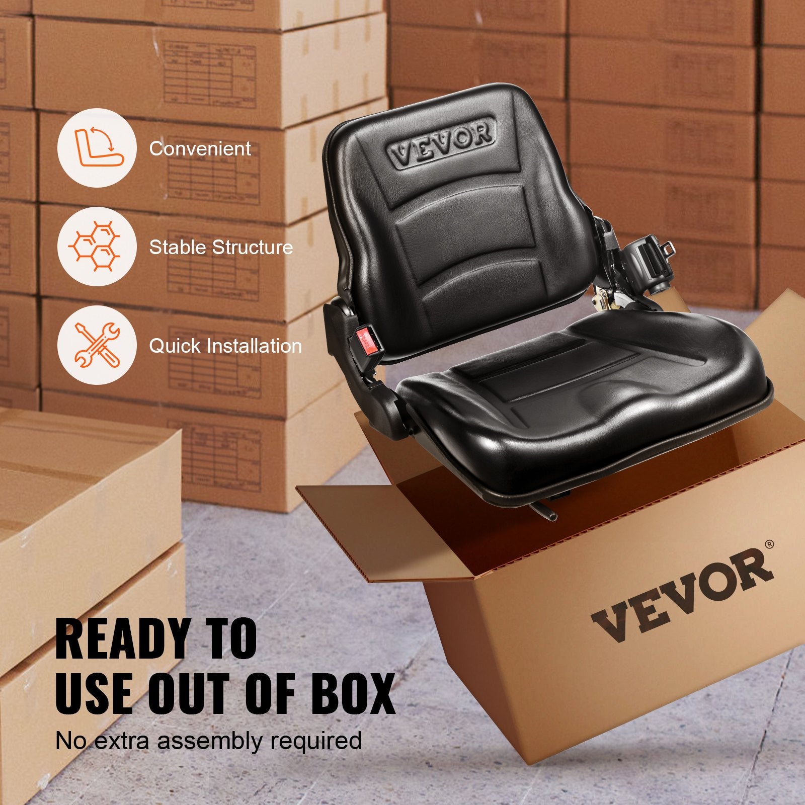 VEVOR Universal Forklift Seat, Fold Down Tractor Seat with Adjustable Angle Back, Micro Switch and Retractable Seatbelt, 16-34 cm Slot Forklift Seat for Tractor Loader Excavator