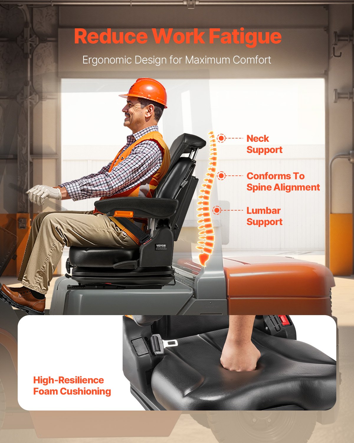 VEVOR Universal Forklift Seat, Tractor Suspension Seat with Adjustable Back, Armrest, Headrest & Safety Belt, Secure Fold Down Tractor Seat with Micro Switch, Lawnmower Seat for Skid Loader Bulldozer