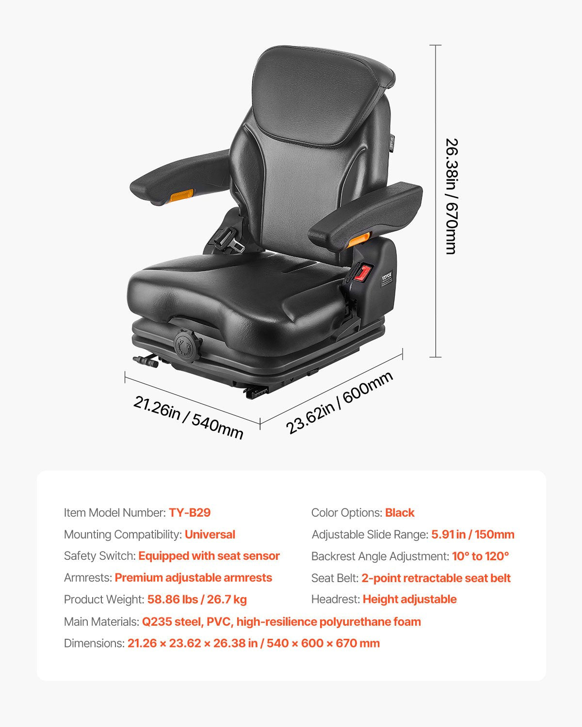 VEVOR Universal Forklift Seat, Tractor Suspension Seat with Adjustable Back, Armrest, Headrest & Safety Belt, Secure Fold Down Tractor Seat with Micro Switch, Lawnmower Seat for Skid Loader Bulldozer