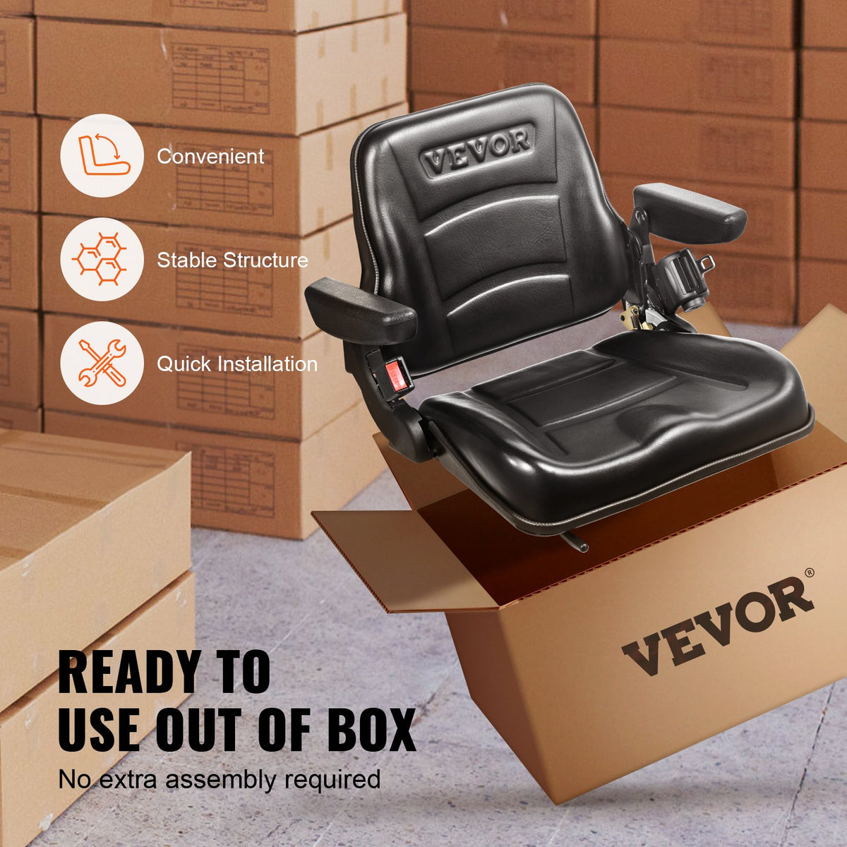 VEVOR Universal Forklift Seat, Fold Down Tractor Seat with Adjustable Angle Back, Micro Switch, Seatbelt and Armrests, 16-34 cm Slot Tractor Seat for Tractor Loader Excavator