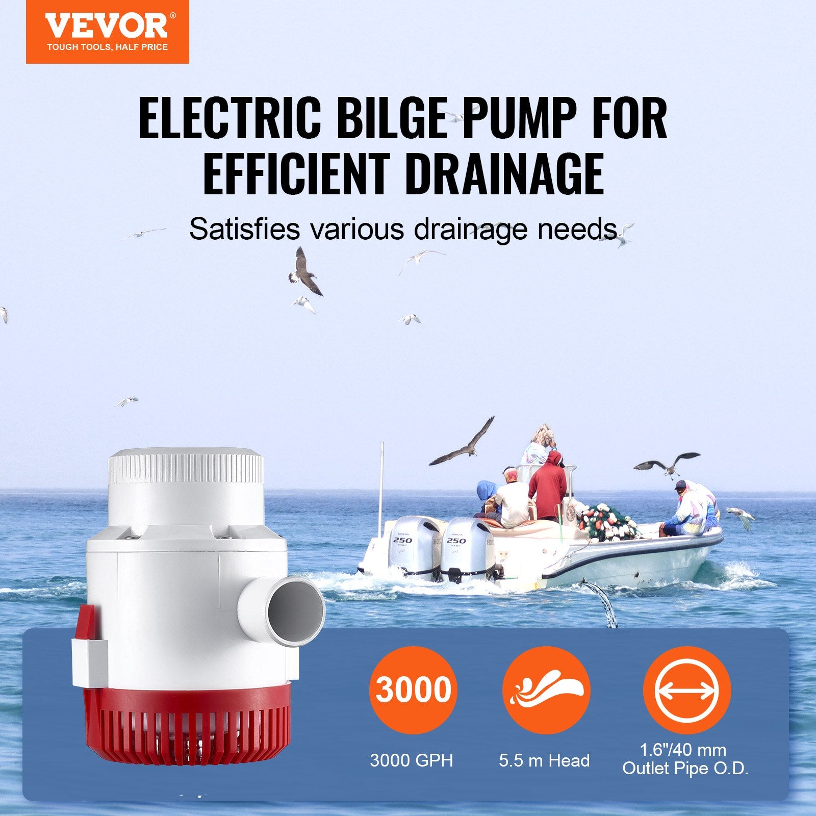 VEVOR Bilge Pump, 3000GPH Automatic Submersible Boat Bilge Water Pump with Float Switch, 40 mm Outlet Diameter, Small Boat Bilge Pump, Marine Electric Bilge Pump for Boats, Ponds, Pools, Basements