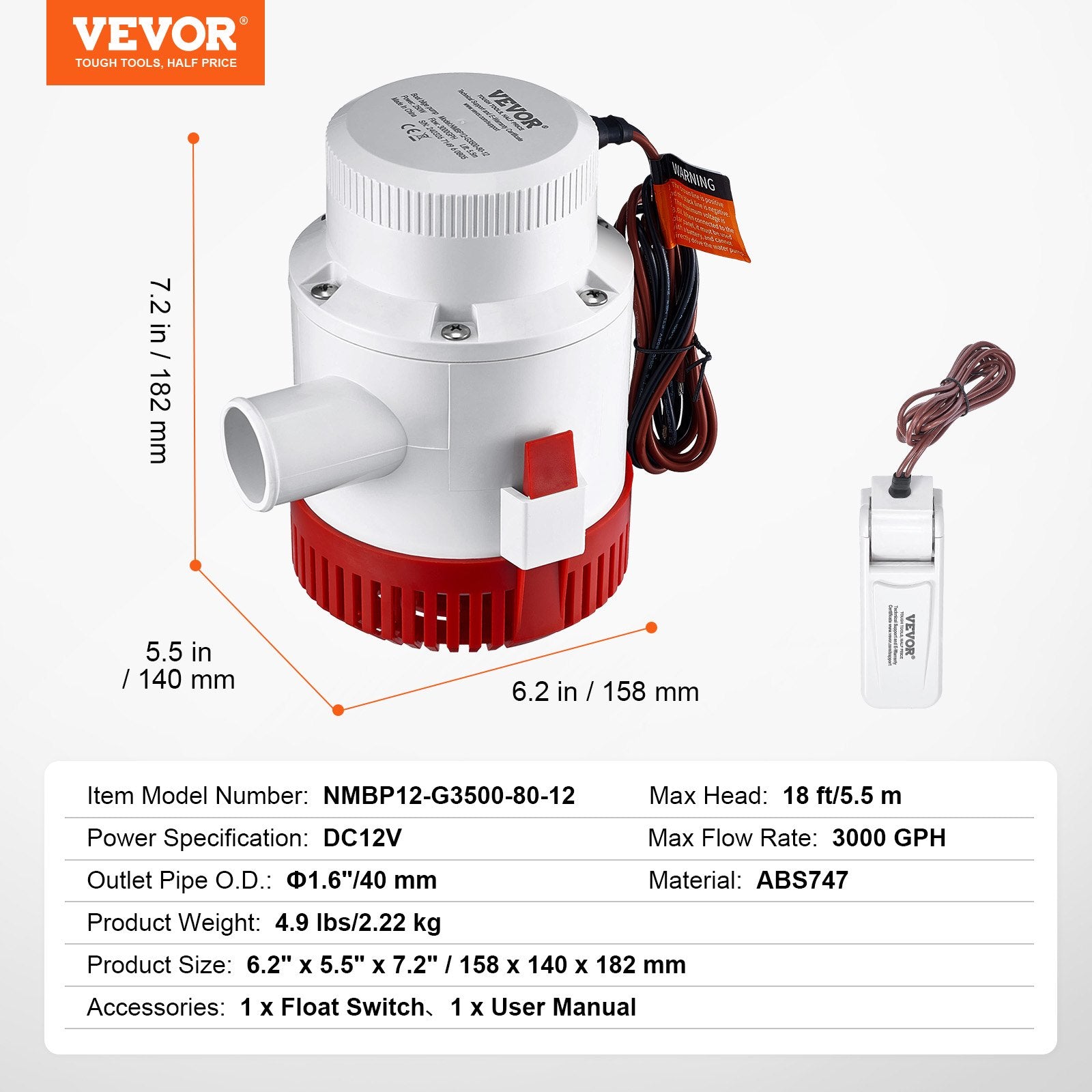 VEVOR Bilge Pump, 3000GPH Automatic Submersible Boat Bilge Water Pump with Float Switch, 40 mm Outlet Diameter, Small Boat Bilge Pump, Marine Electric Bilge Pump for Boats, Ponds, Pools, Basements