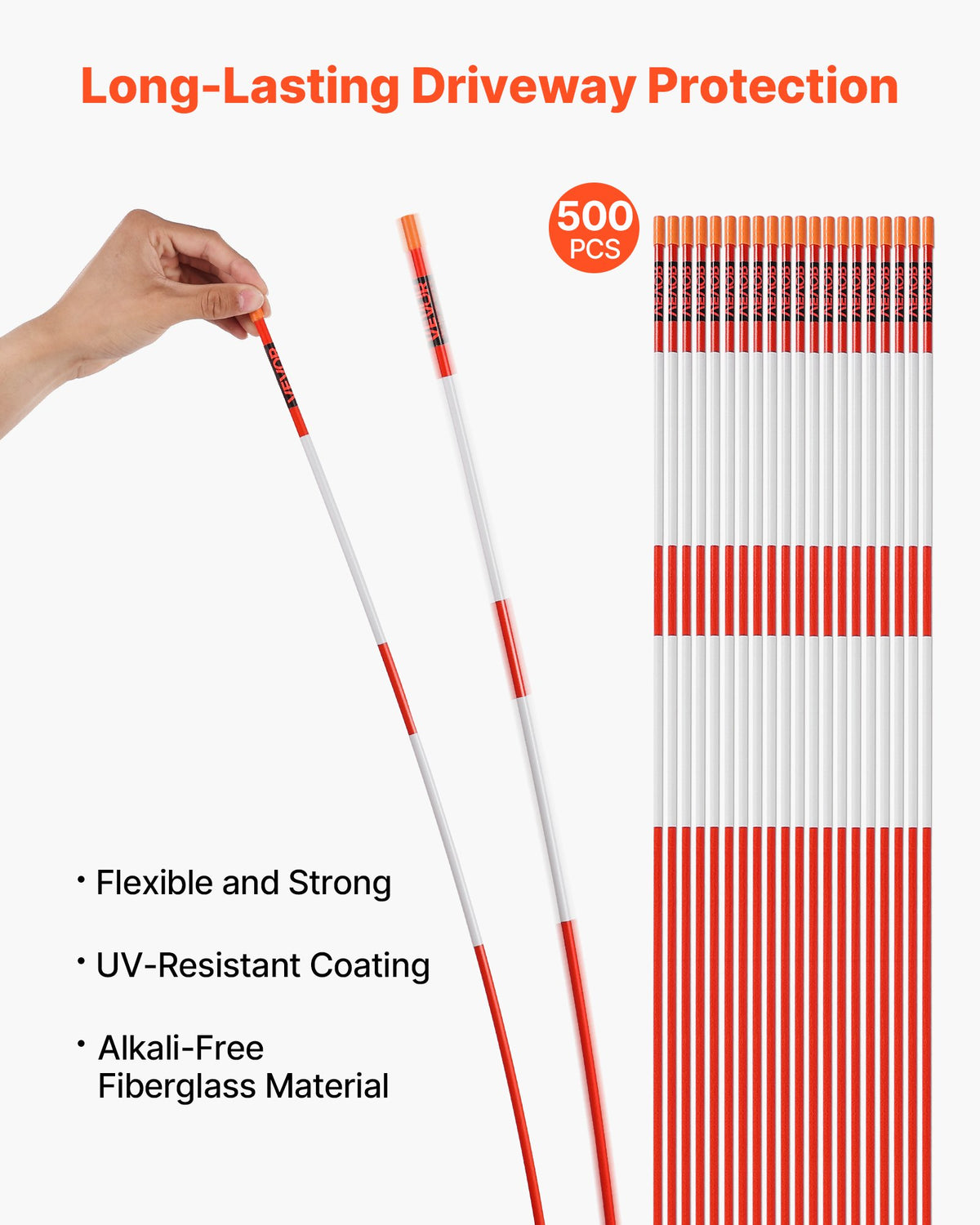 VEVOR Driveway Markers, 500Pcs 122cm Long 6.35mm Dia, Hi-Visibility Driveway Reflectors with 12 in Steel Drill Bits, Reflective Snow Sticks Fiberglass Pole for Parking Lots, Walkways, Snow Plowing