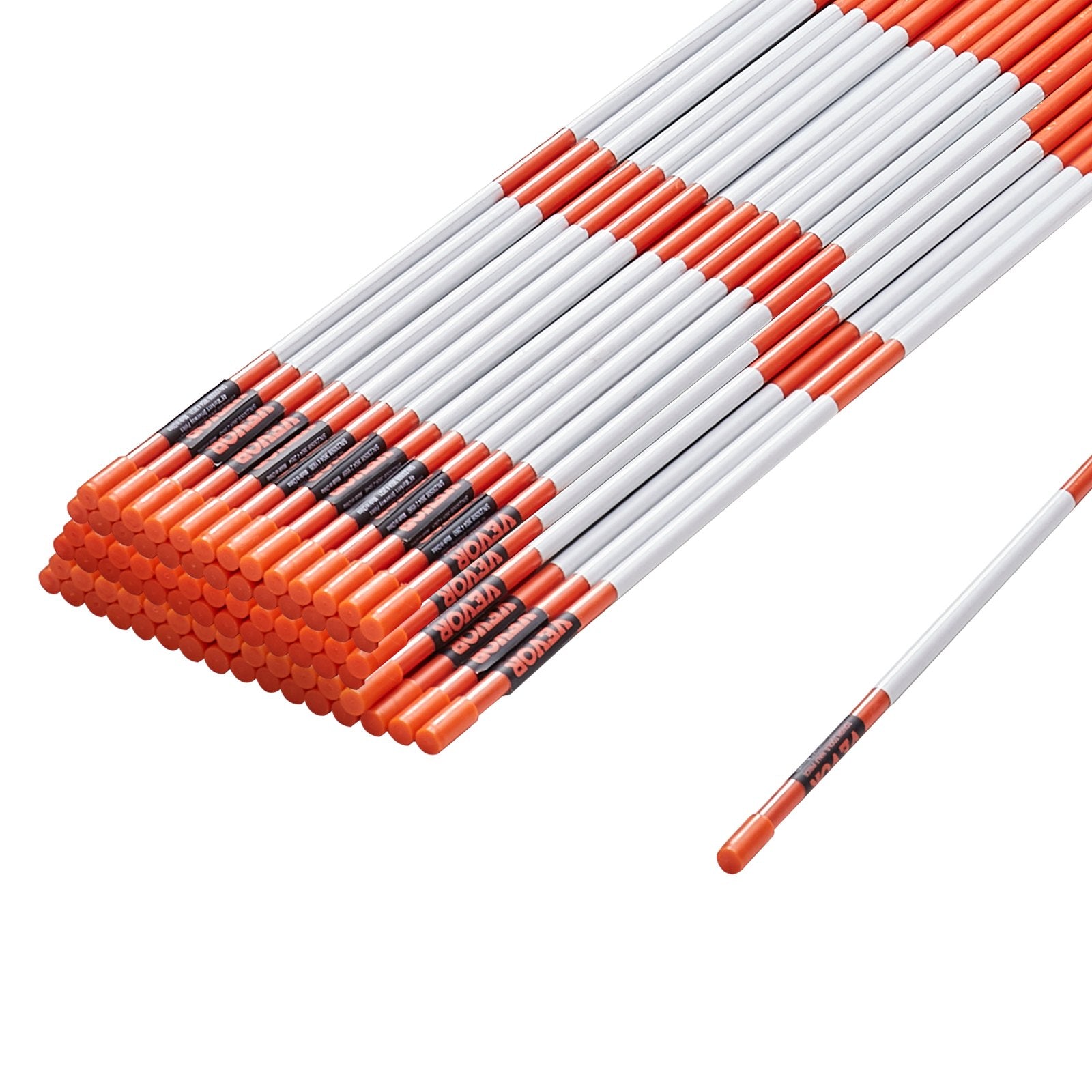 VEVOR Driveway Markers, 100PCS 121.5cm, 0.78cm Diameter, Orange Fiberglass Poles Snow Stakes with Reflective Tape, 30cm Steel Drill Bit & Protection Gloves for Parking Lots, Walkways Easy Visibility