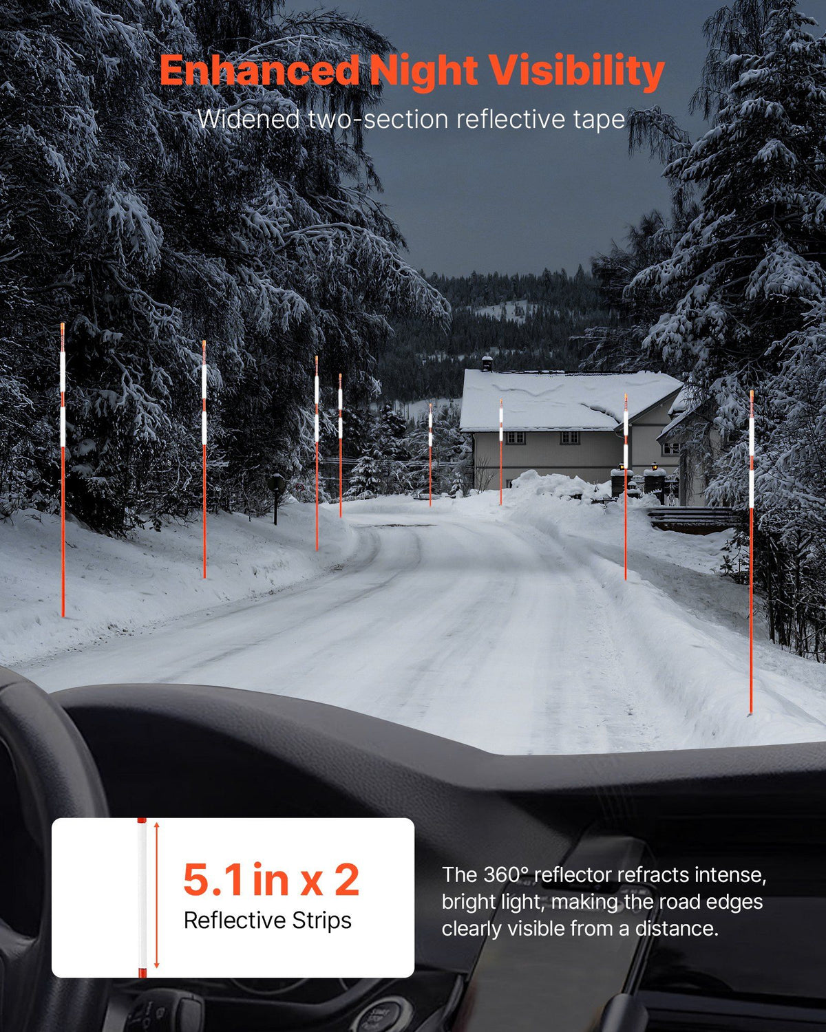 Driveway Markers, 50Pcs 152cm Long 7.87mm Dia, Hi-Visibility Driveway Reflectors with 12 in Steel Drill Bits, Reflective Snow Sticks Fiberglass Pole for Parking Lots, Walkways, Snow Plowing