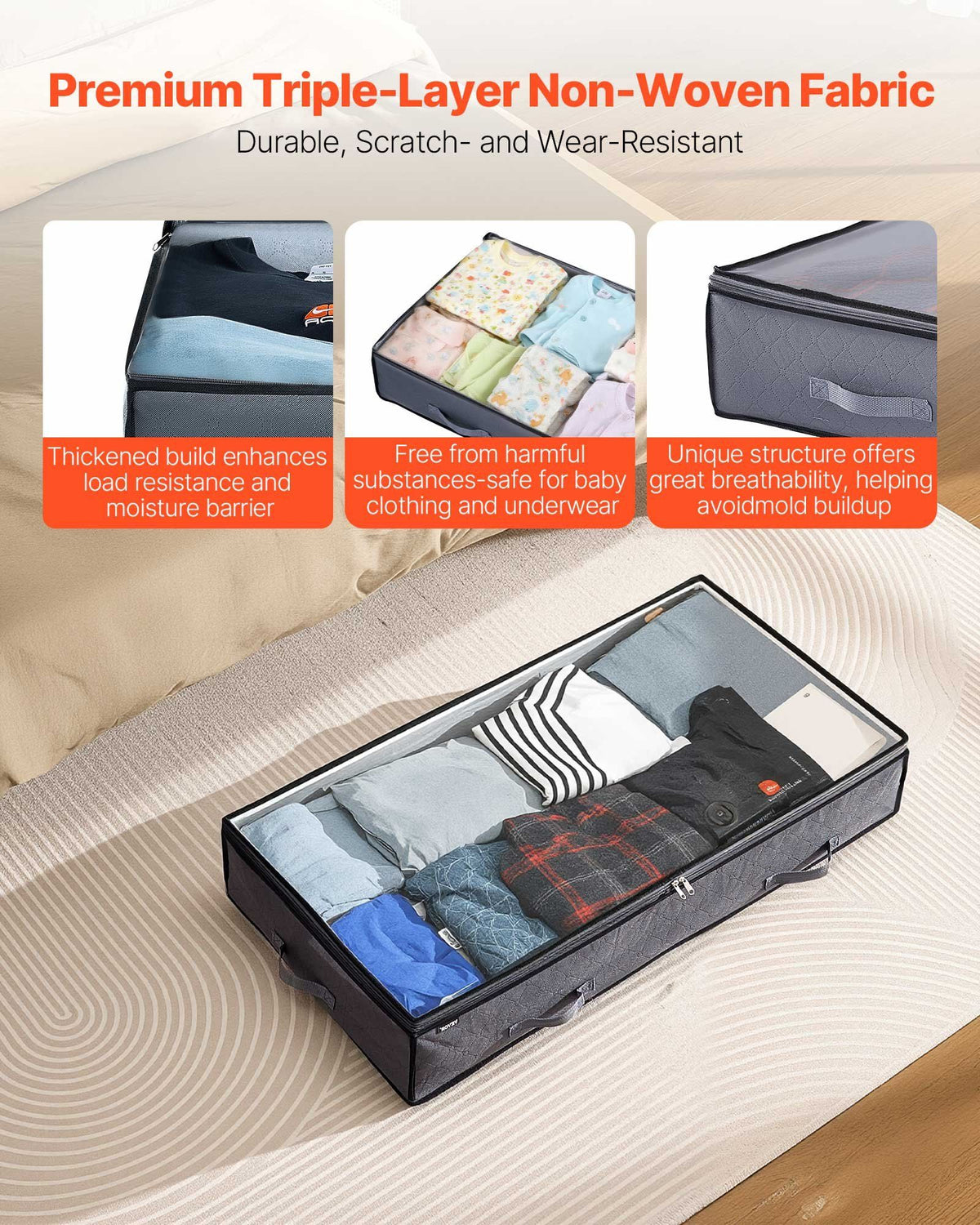 Under Bed Storage with Clear Lids, 996 x 500 x 180 mm, 90L Large Underbed Clothes Storage Containers, Low Profile Under Bed Drawer Shoe Organizer Bins Box for Blanket Shoe Bedroom, 4 Pack