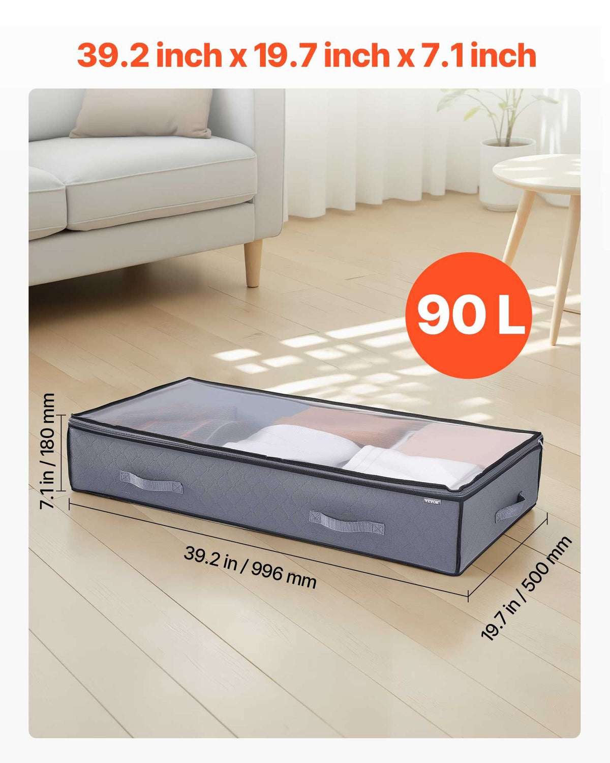 Under Bed Storage with Clear Lids, 996 x 500 x 180 mm, 90L Large Underbed Clothes Storage Containers, Low Profile Under Bed Drawer Shoe Organizer Bins Box for Blanket Shoe Bedroom, 4 Pack
