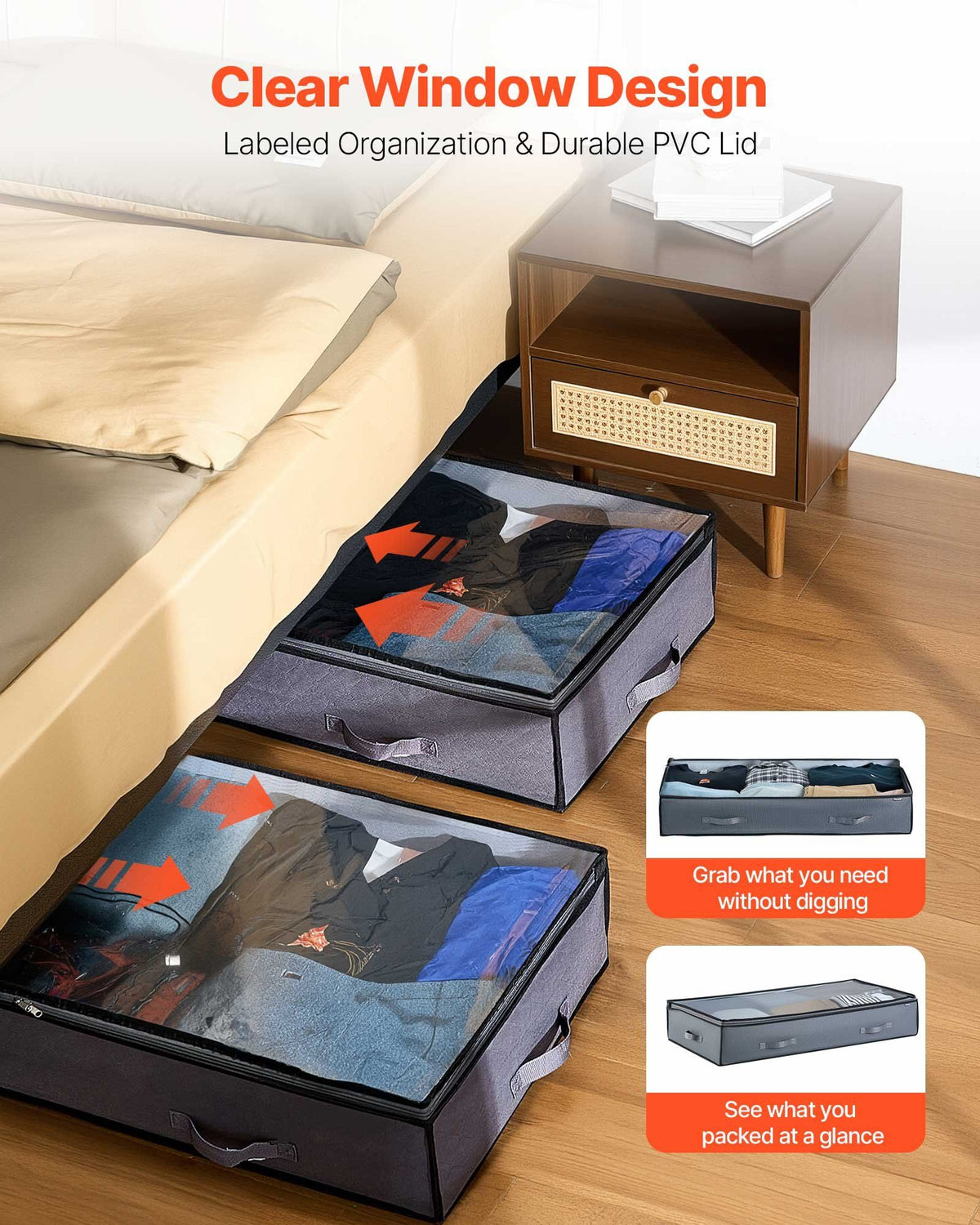 Under Bed Storage with Clear Lids, 996 x 500 x 180 mm, 90L Large Underbed Clothes Storage Containers, Low Profile Under Bed Drawer Shoe Organizer Bins Box for Blanket Shoe Bedroom, 4 Pack