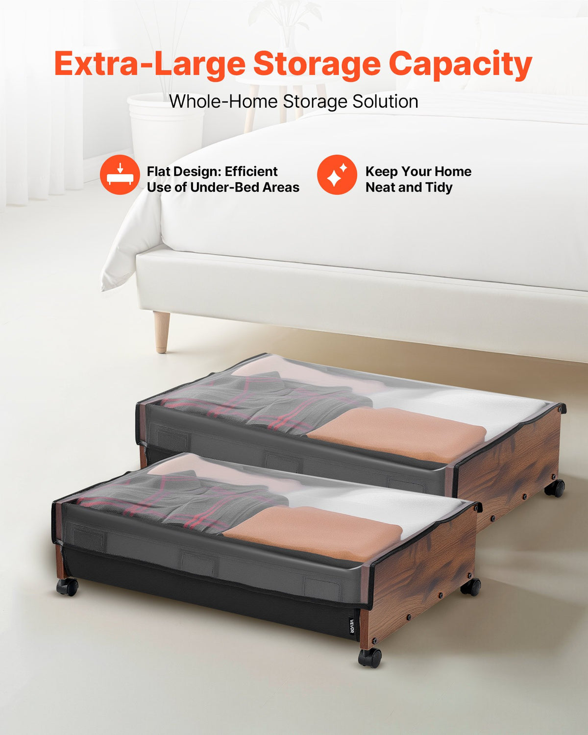 VEVOR Under Bed Storage with Wheels, 650 x 460 x 180 mm Underbed Containers, Underbed Shoes Organizer with Lockable Wheels, Rolling Under the Bed Storage Bins for Clothes, Shoes, Blankets, 2 Pack
