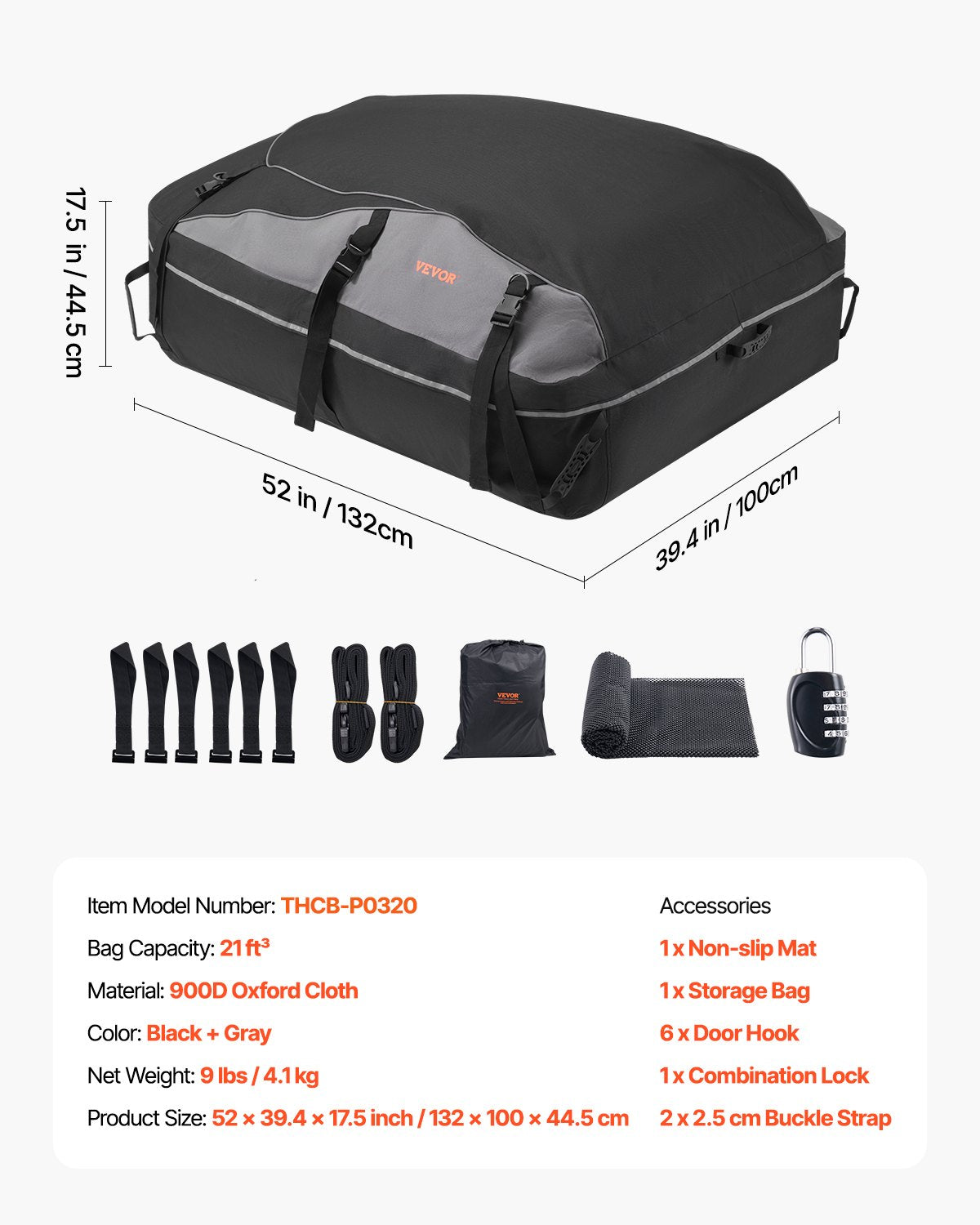 VEVOR Car Rooftop Cargo Carrier Bag, 21 Cubic Feet Cargo Carrier for Car Roof, 100% Waterproof 900D Oxford Cloth Roof Luggage Bag for All Vehicle with/without Rack- with Lock, Non-Slip Mat, Door Hooks