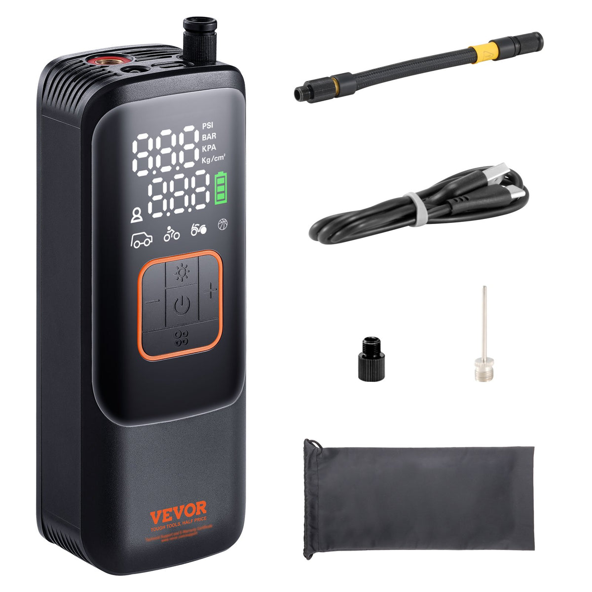 VEVOR Tire Inflator Portable Air Compressor, 150 PSI Electric Air Pump, 4000mAh Rechargeable Tire Pump with Auto-Off Function, LCD Pressure Gauge, 3 Nozzles, LED Light for Car Motorcycle Bike Ball