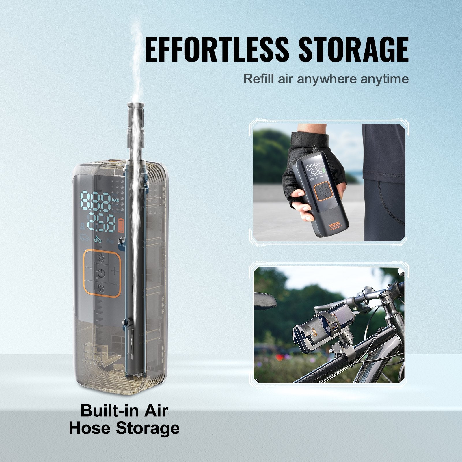 VEVOR Tire Inflator Portable Air Compressor, 150 PSI Electric Air Pump, 4000mAh Rechargeable Tire Pump with Auto-Off Function, LCD Pressure Gauge, 3 Nozzles, LED Light for Car Motorcycle Bike Ball