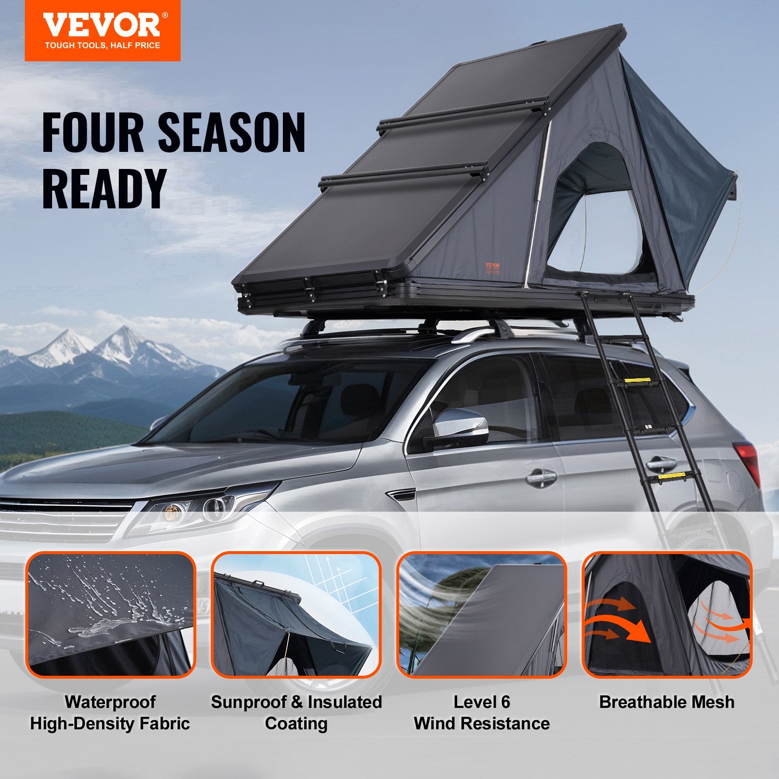 VEVOR Rooftop Tent Hard Shell 2-3 Person Waterproof for Jeep SUV Truck w/ Ladder