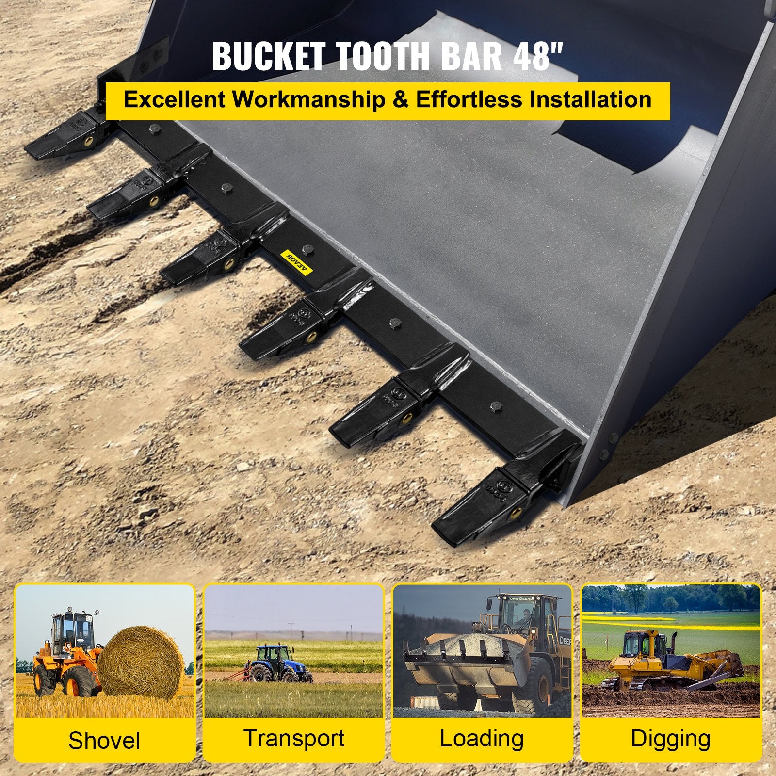 VEVOR Bucket Tooth Bar, 48in Inside Bucket Width Tractor Bucket Teeth, 9.84in Teeth Space Tooth Bar for Loader Bucket 23TF, Bolt on Tooth Bucket Enables Penetration of Compacted Soil