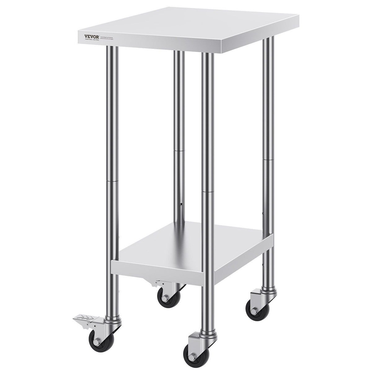 Stainless Steel Work Table 24 x 18 x 38 Inch, with 4 Wheels, 3 Adjustable Height Levels, Heavy Duty Food Prep Worktable for Commercial Kitchen Restaurant, Silver