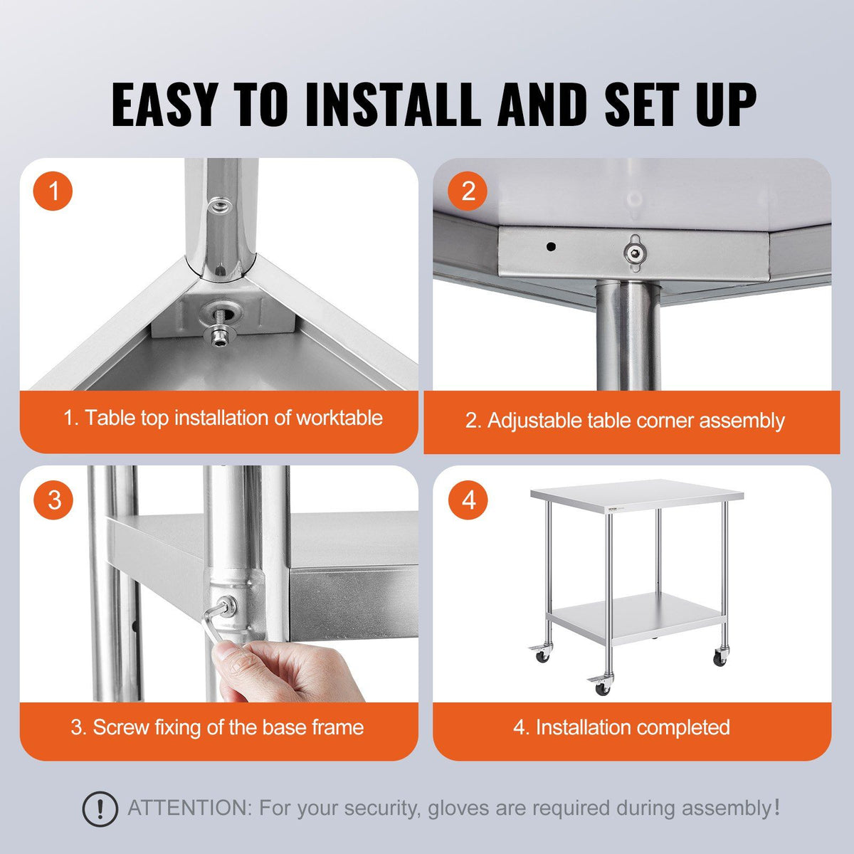 Stainless Steel Work Table 30 x 36 x 38 Inch, with 4 Wheels, 3 Adjustable Height Levels, Heavy Duty Food Prep Worktable for Commercial Kitchen Restaurant, Silver
